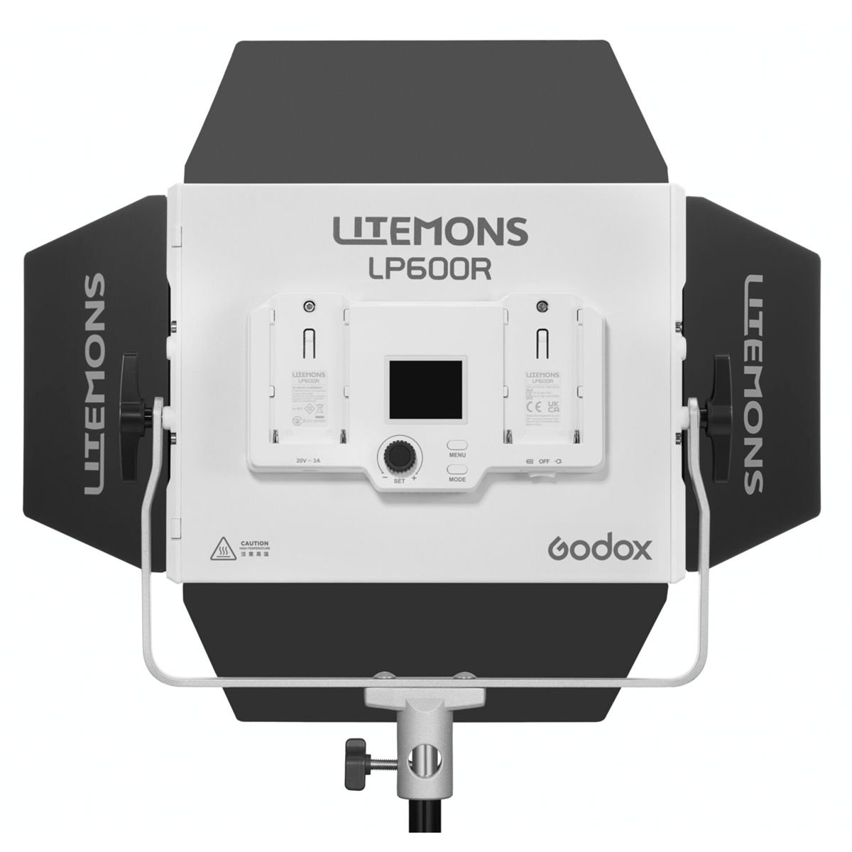 Ein weißer Godox LP600R LED-Scheinwerfer mit schwarzen Lichtflügeln und einer Halterung.