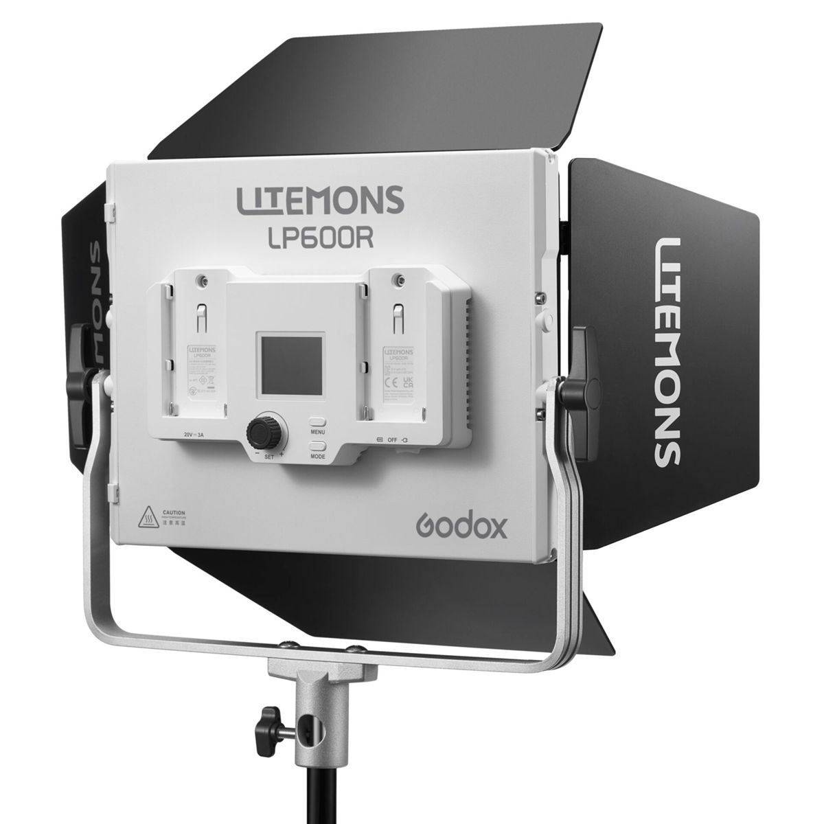 Weiße Litemons LP600R Leuchte mit Batteriehalterungen, Bildschirm, Wahlrad, Tasten und Barn Doors.
