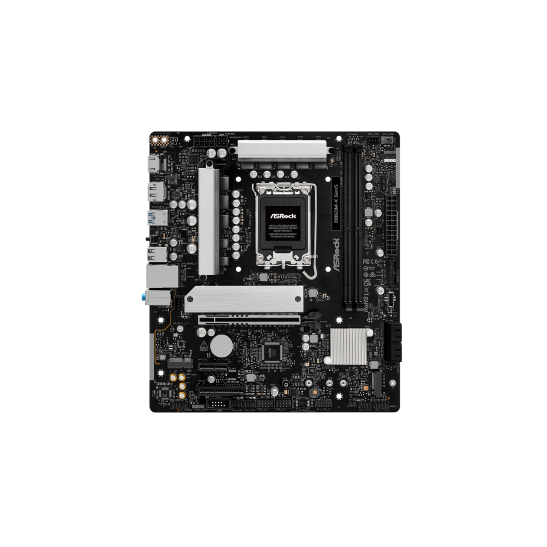 A black ASRock B860M-X Gen5 motherboard featuring a CPU socket and heatsinks.