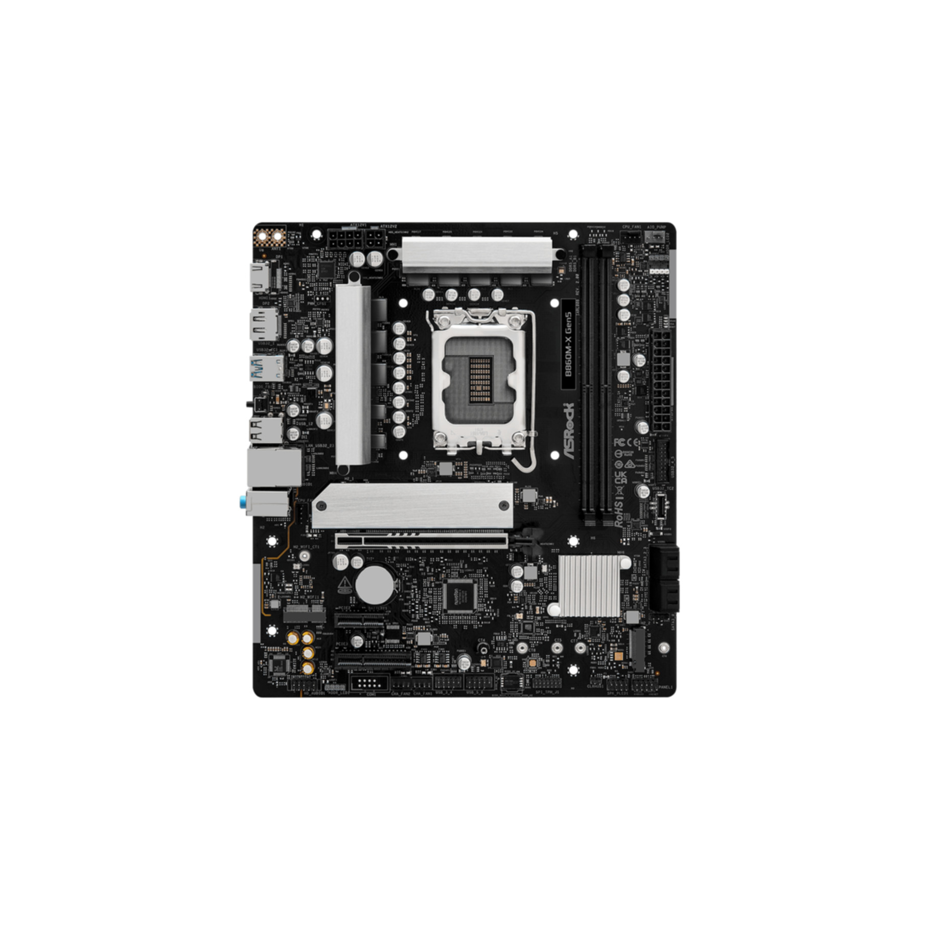 Black motherboard with CPU socket, silver heatsinks, and connectors.
