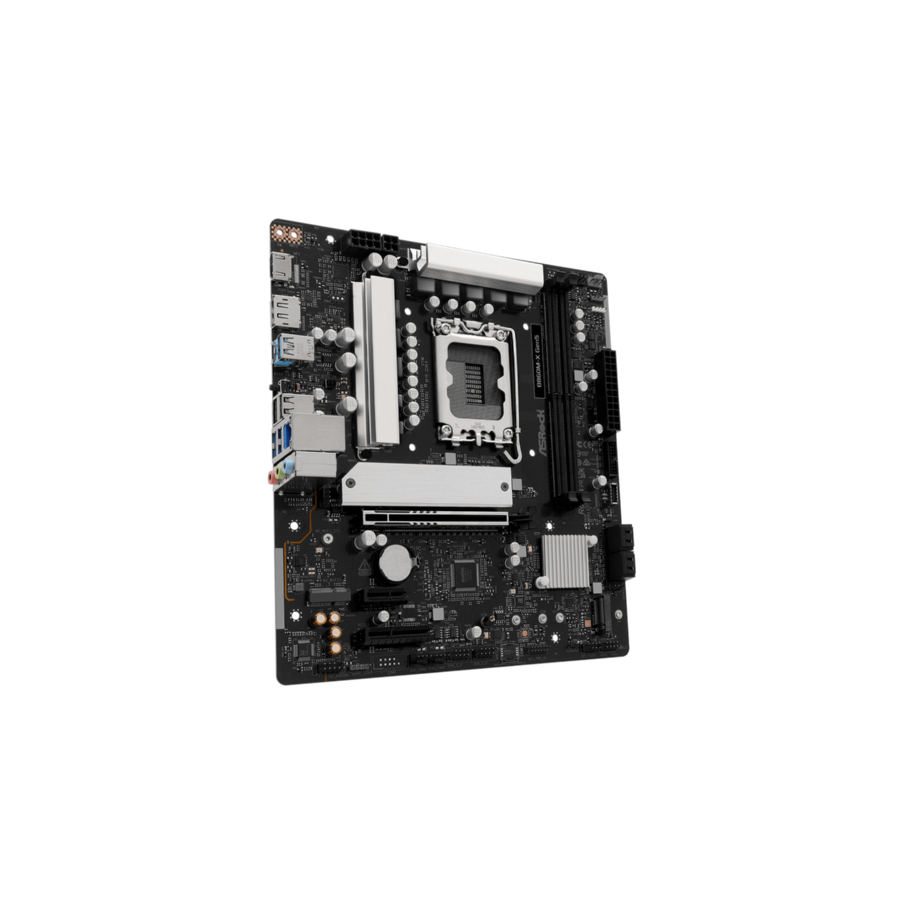 Black motherboard with silver heatsinks, ports, and a silver CPU socket.
