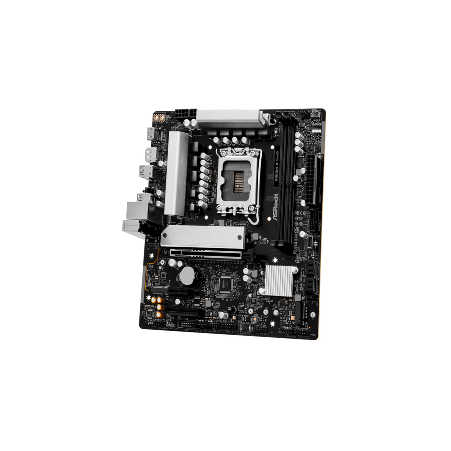 A black motherboard with silver heatsinks and numerous connectors.