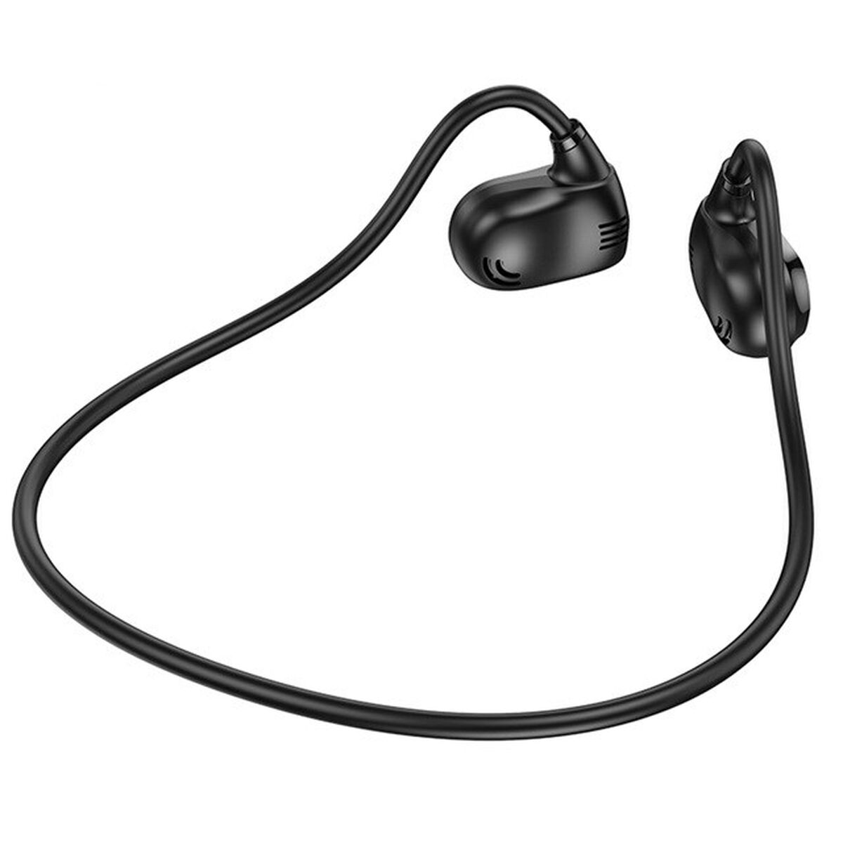 Auriculares negros con banda para el cuello sobre fondo blanco.
