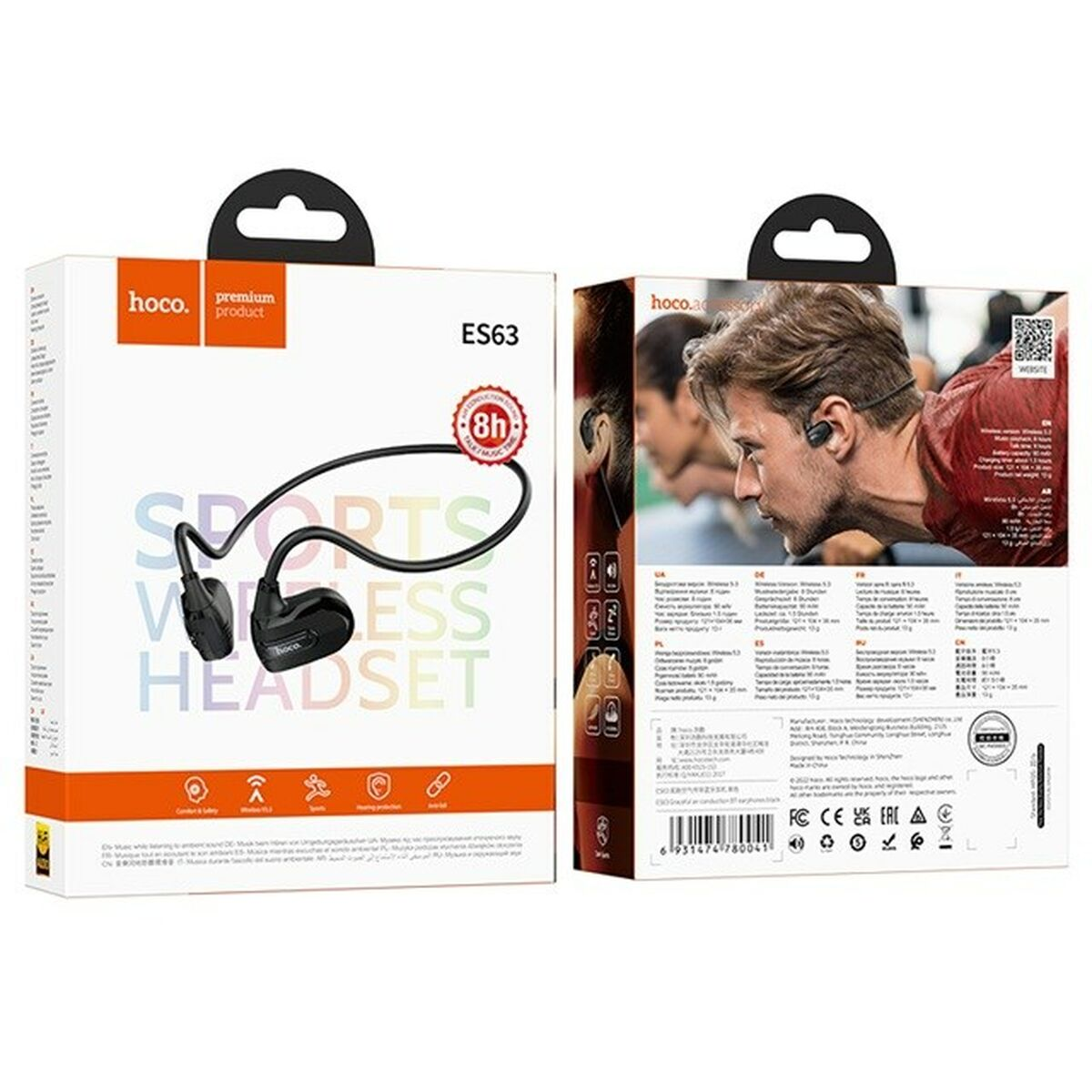 Caja de auriculares deportivos Hoco ES63 y primer plano de un hombre con auriculares.