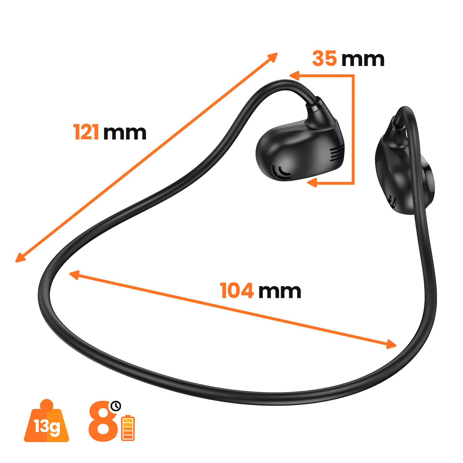 Auriculares negros con dimensiones 121mm, 104mm, 35mm. Peso 13g, 8h de batería.