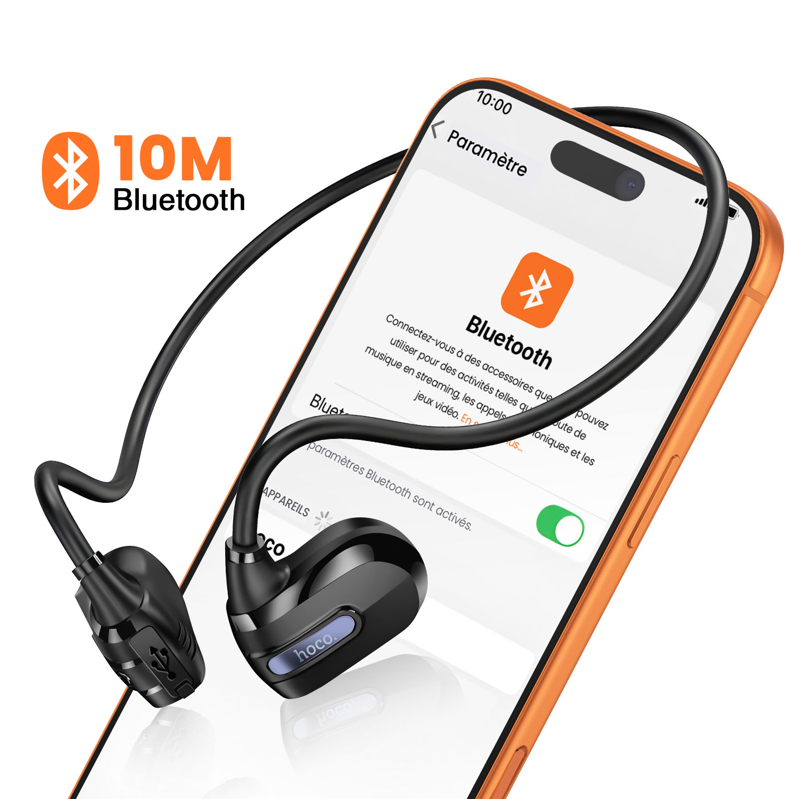 Auriculares Bluetooth negros y un smartphone naranja mostrando ajustes de Bluetooth.