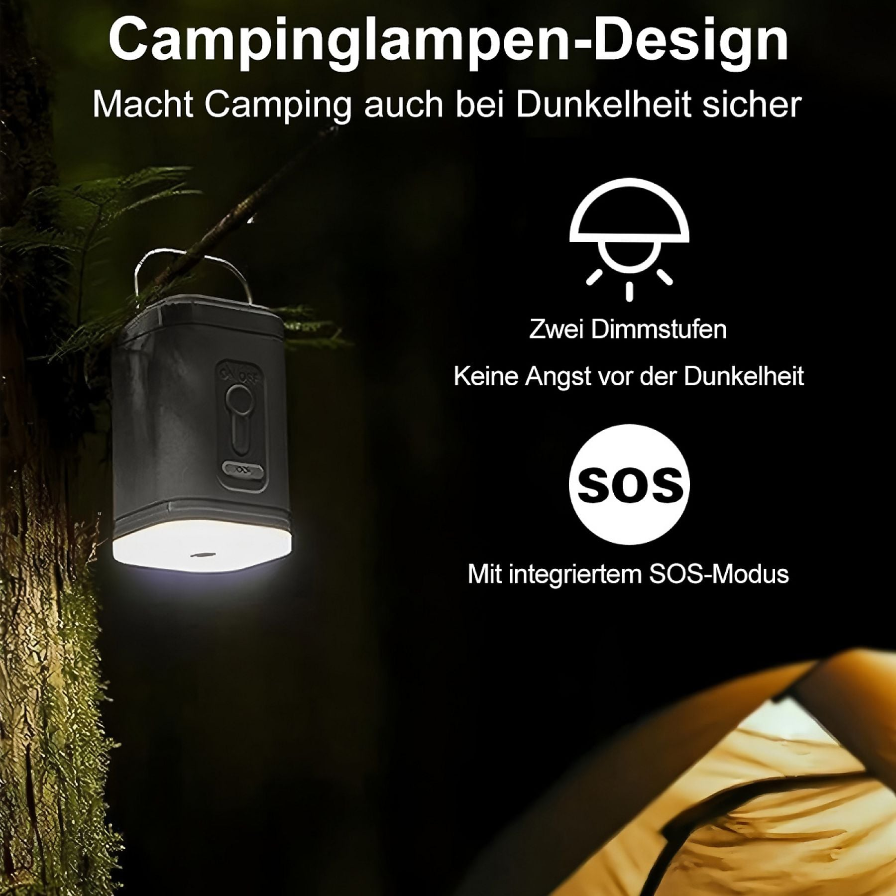 Eine Campinglampe hängt an einem Ast. Sie hat zwei Dimmstufen und SOS-Modus.