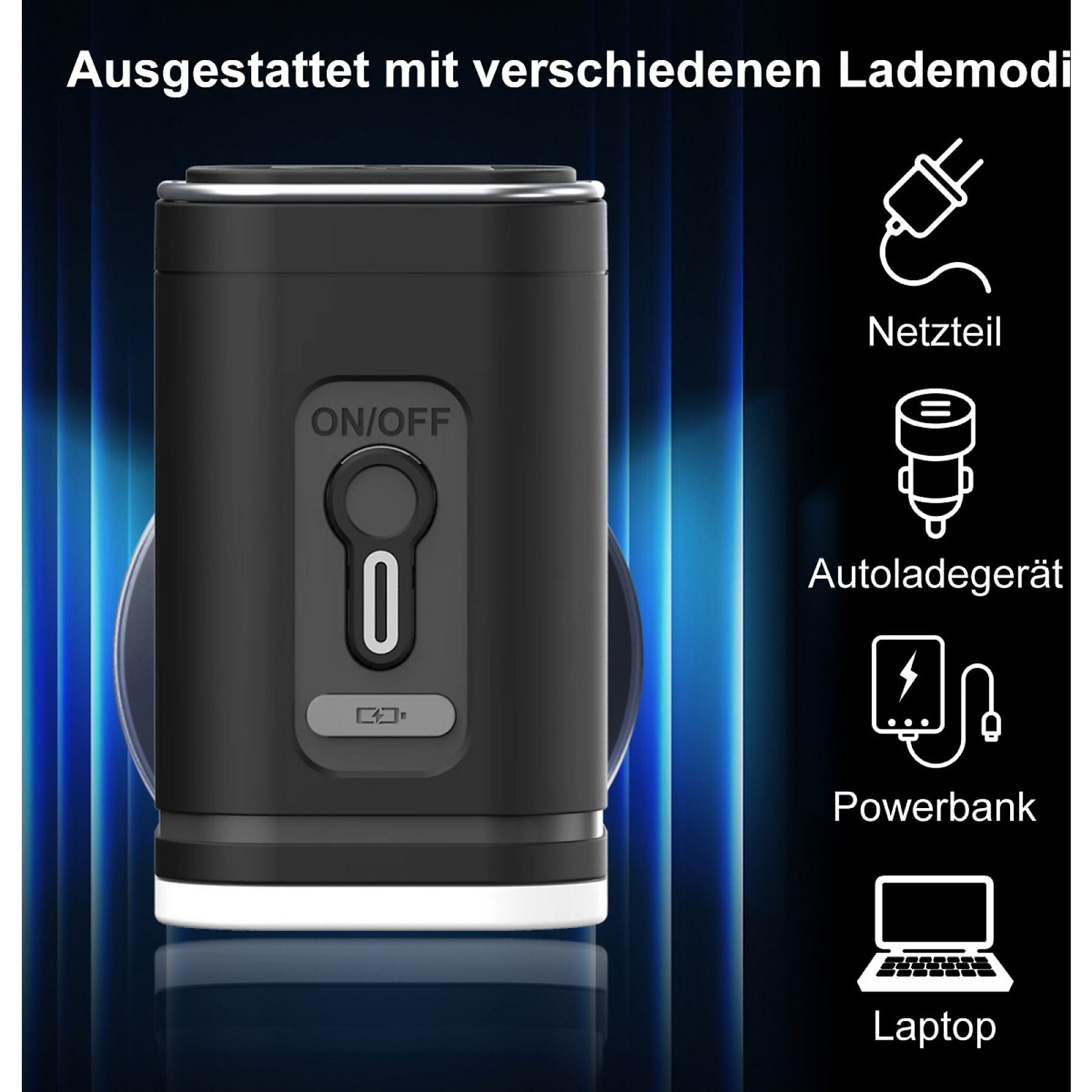 Schwarzes Ladeaccessoire mit Ein-/Aus-Schalter und Ladeanzeige.