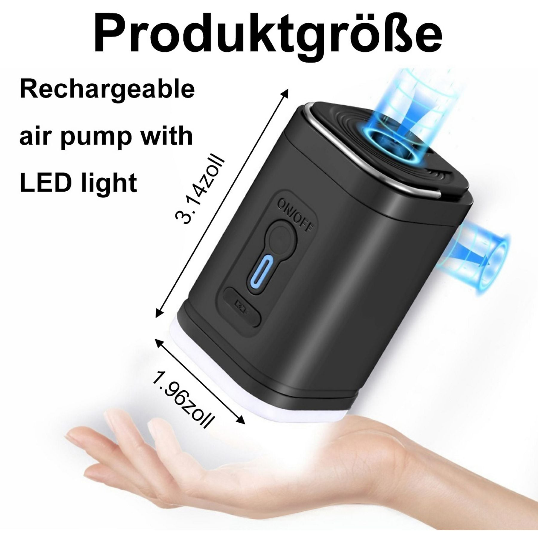 Schwarzer wiederaufladbarer Luftkompressor mit LED-Licht und blauen Luftstrahlen.