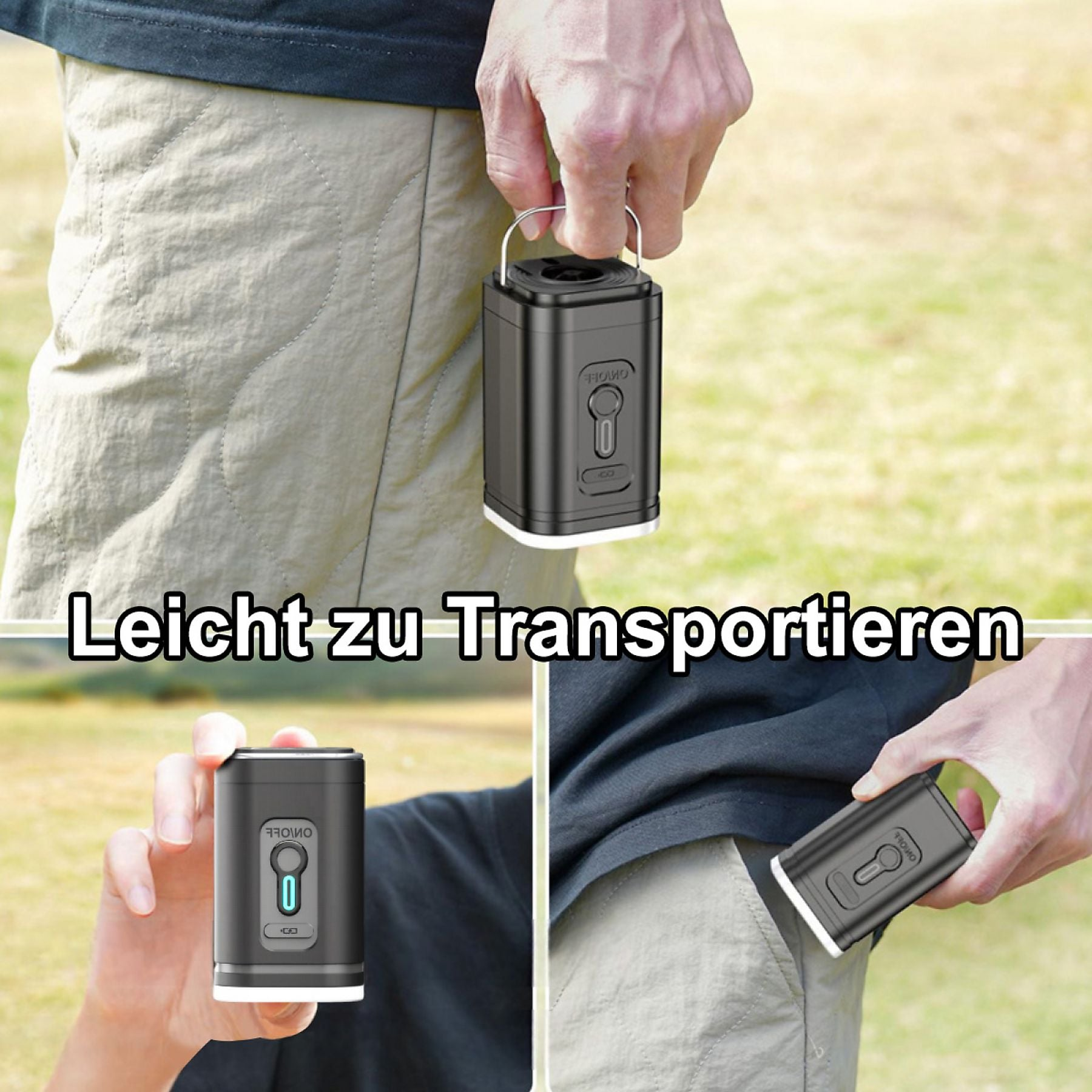 Person hält eine schwarze tragbare Pumpe mit Griff und Knopf.