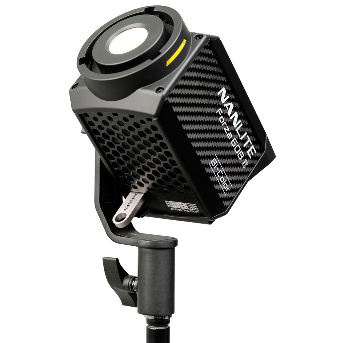 Ein schwarzer Nanlite Forza 60B Bi-Color LED-Scheinwerfer mit Wabenmuster.