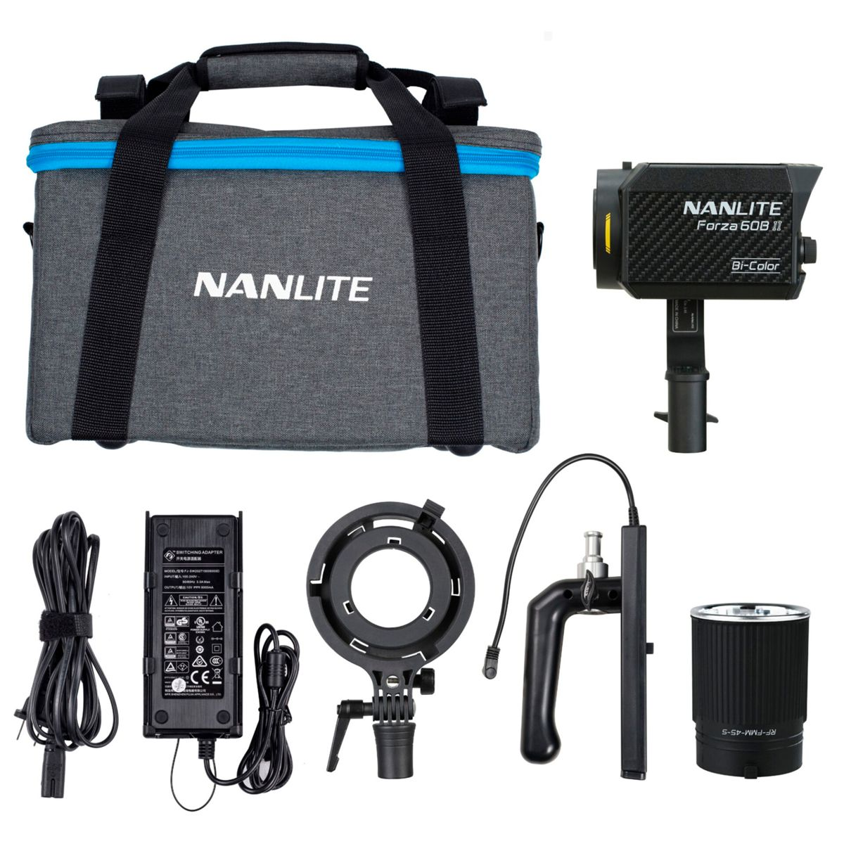 Nanlite Forza 60B Bi-Color Licht-Kit mit Tragetasche, Netzteil und Zubehör.