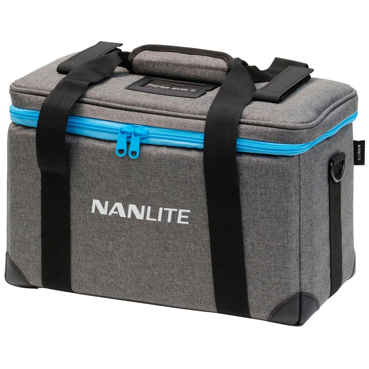 Eine graue NANLITE-Tasche mit blauem Reißverschluss, schwarzen Griffen und weißem Logo.