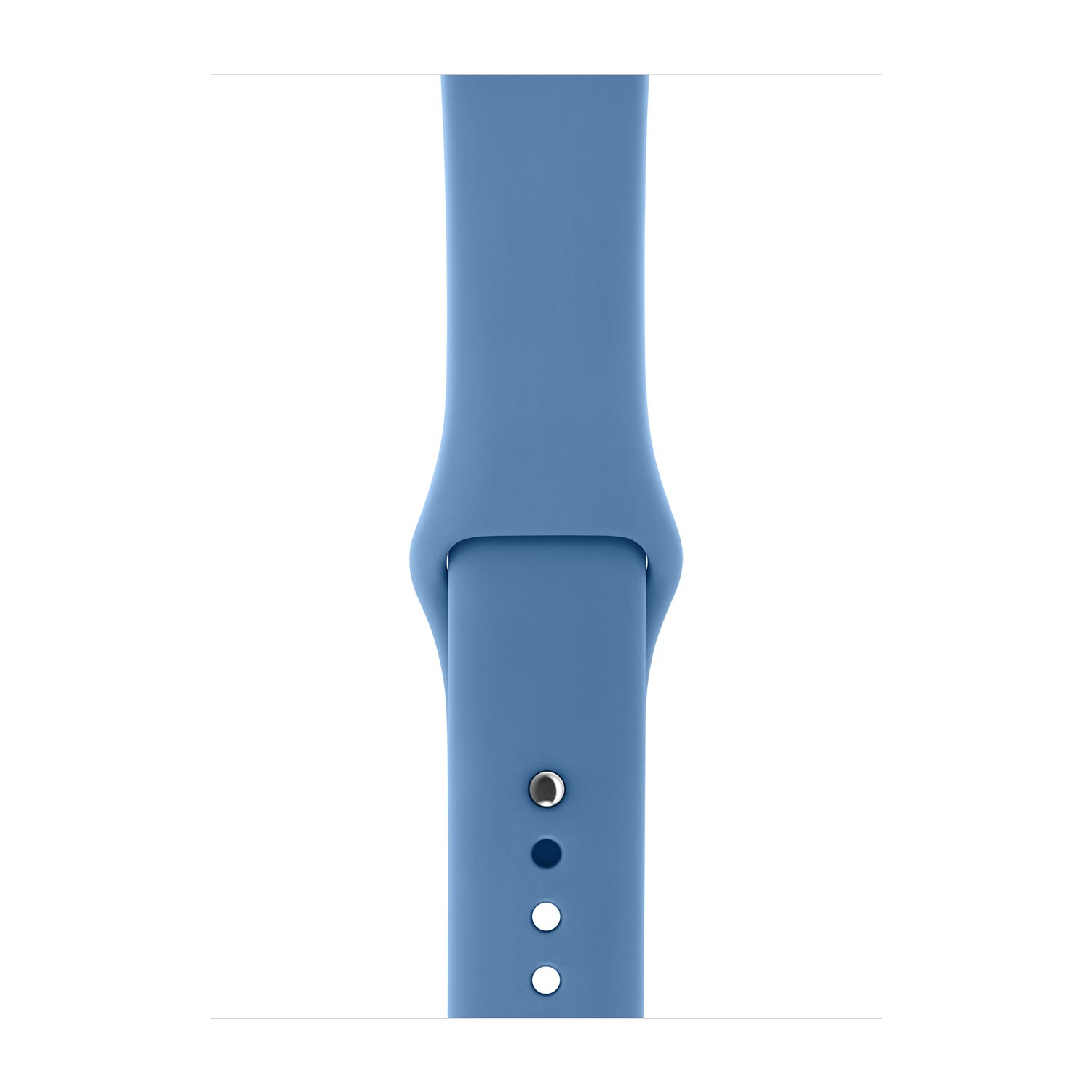 A blue silicone watch band segment with three holes and one silver pin.