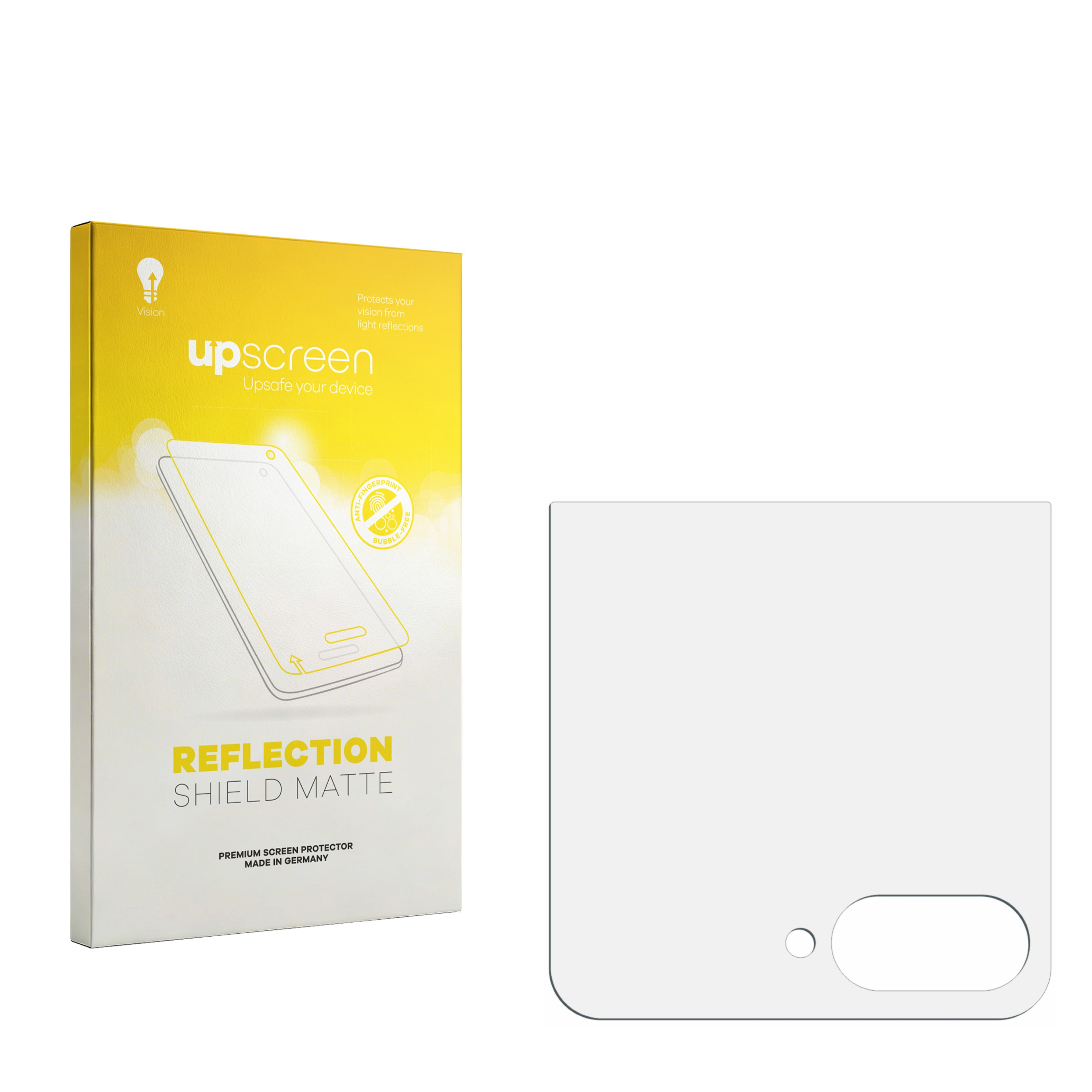 Gelbe Box für Displayschutzfolie, mit Handy-Umriss und Text 'upscreen'.