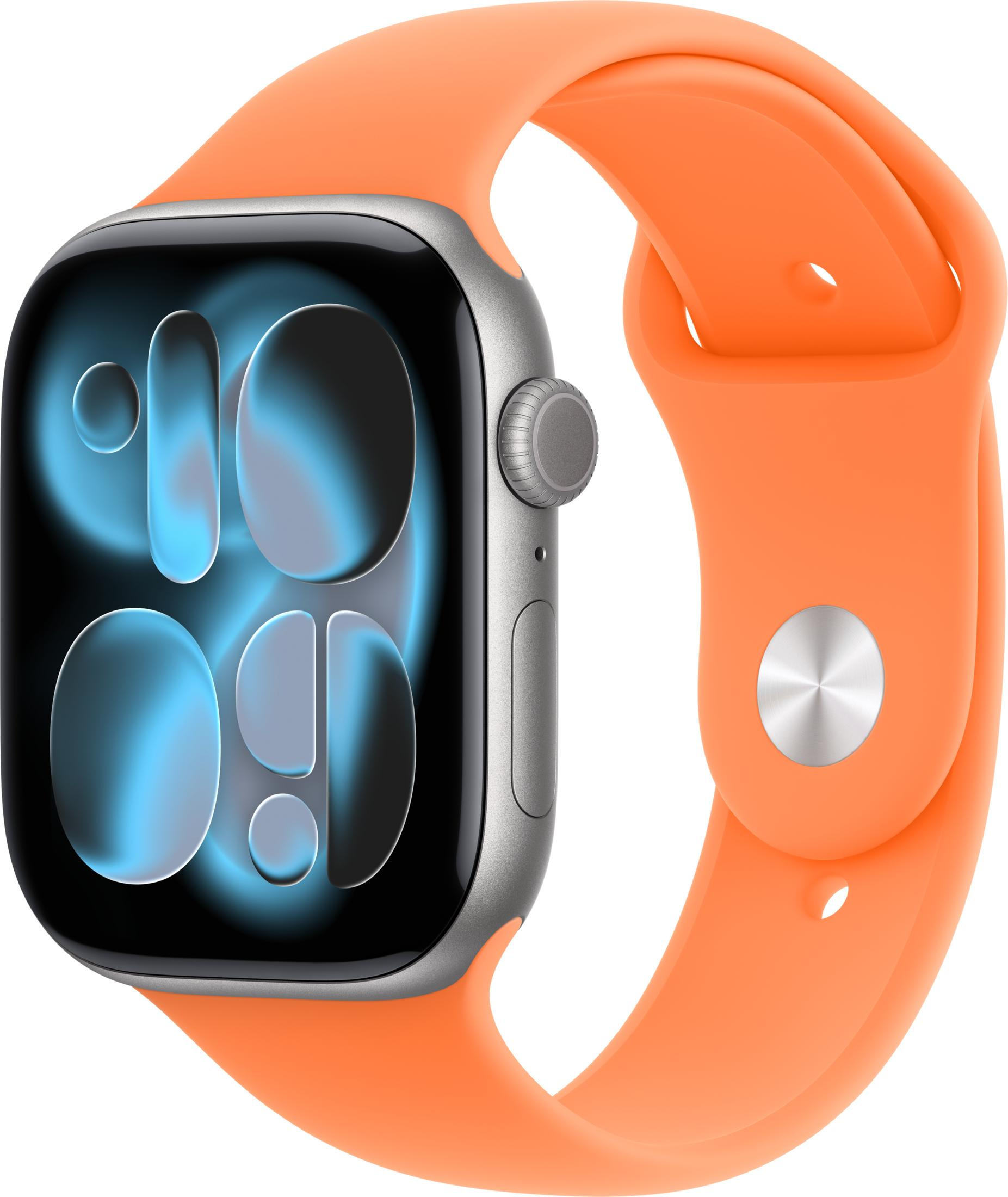 Un Apple Watch arancione con quadrante digitale su sfondo bianco.