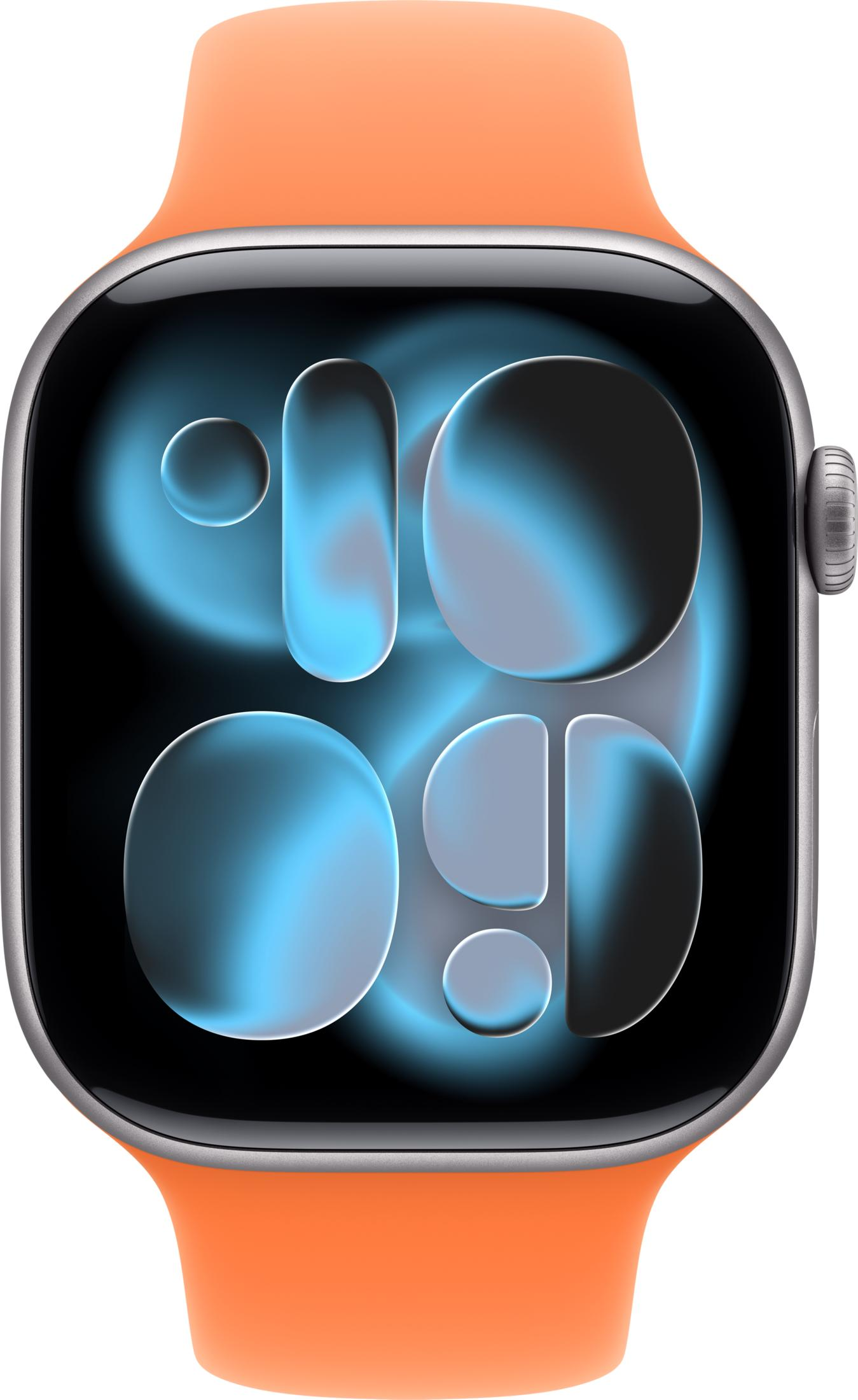 Uno smartwatch arancione con quadrante astratto blu.