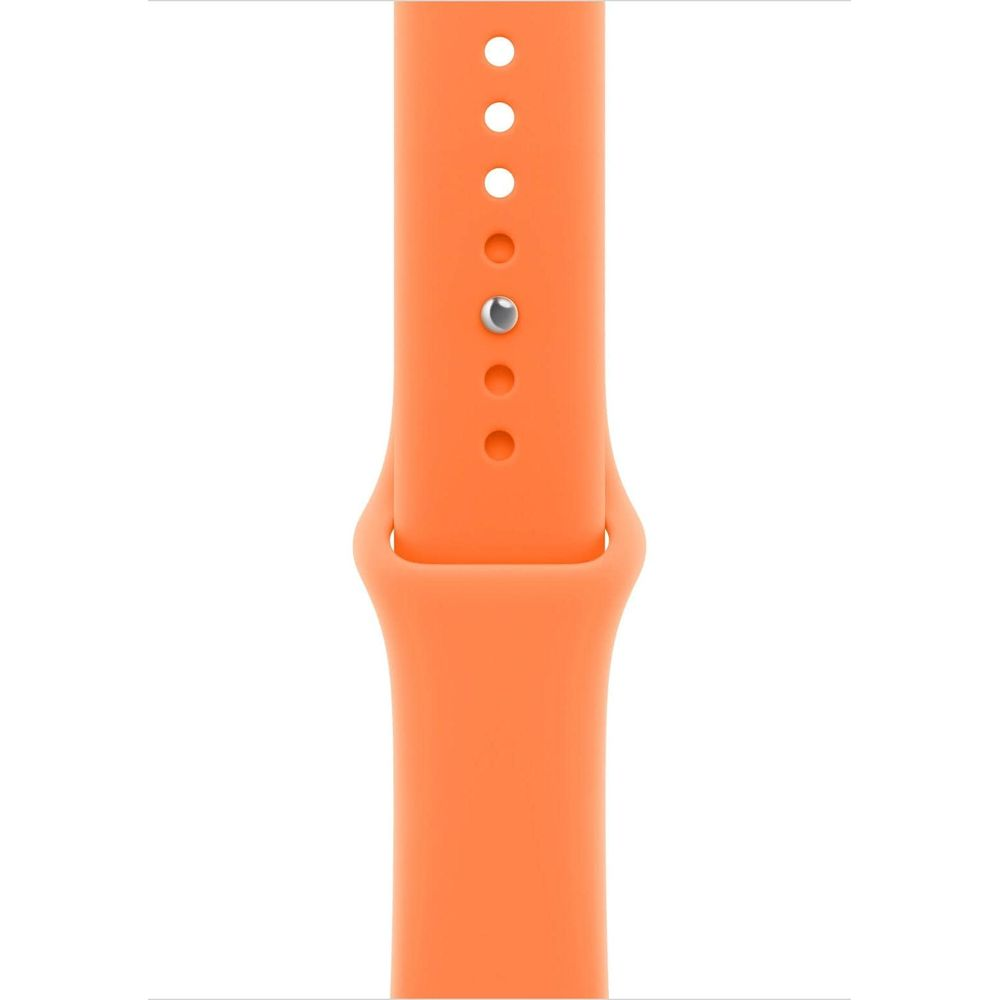 Un cinturino arancione per orologio con fori e un perno argentato.