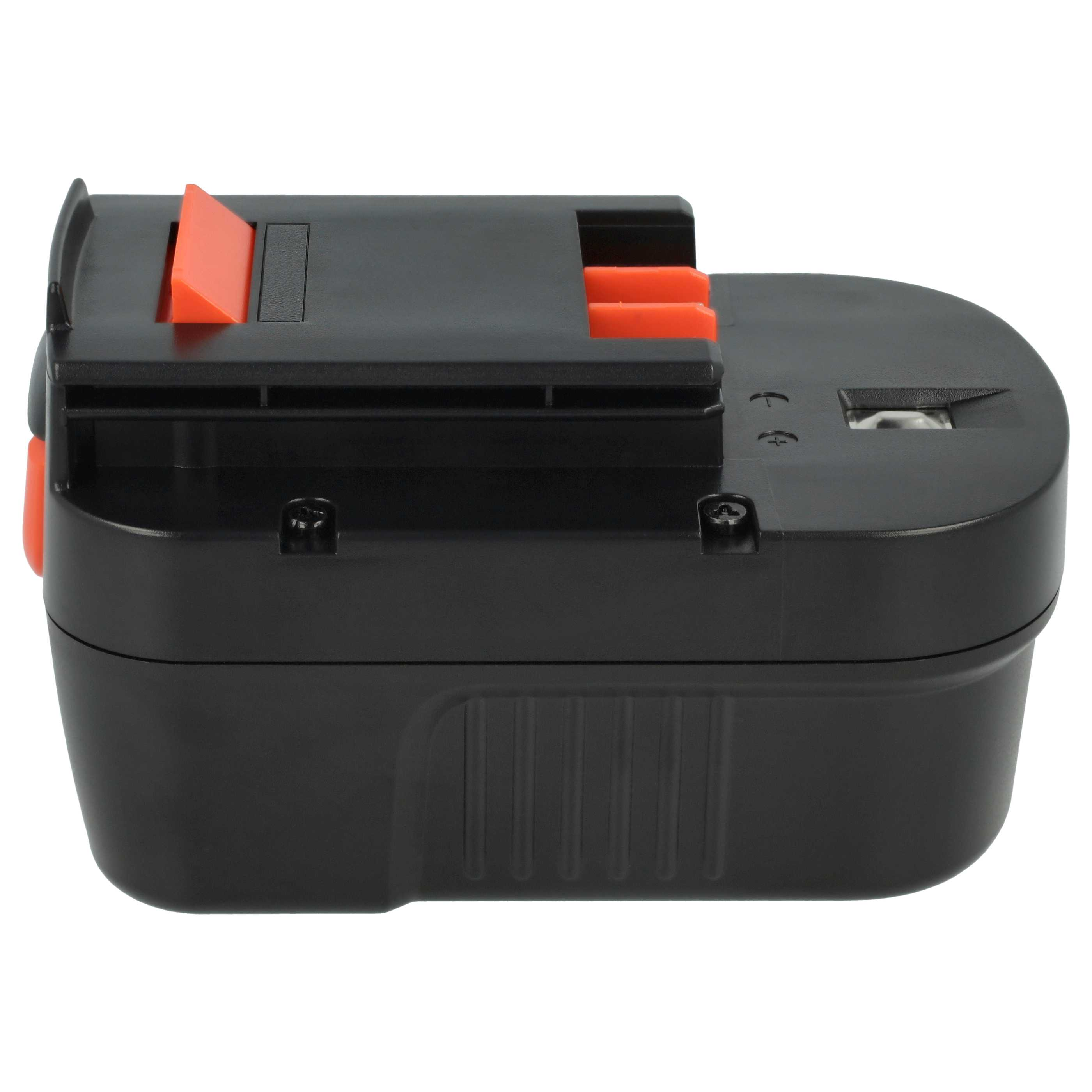 Schwarzer Akku mit orangefarbenen Entriegelungshebeln und Ladeanzeige.
