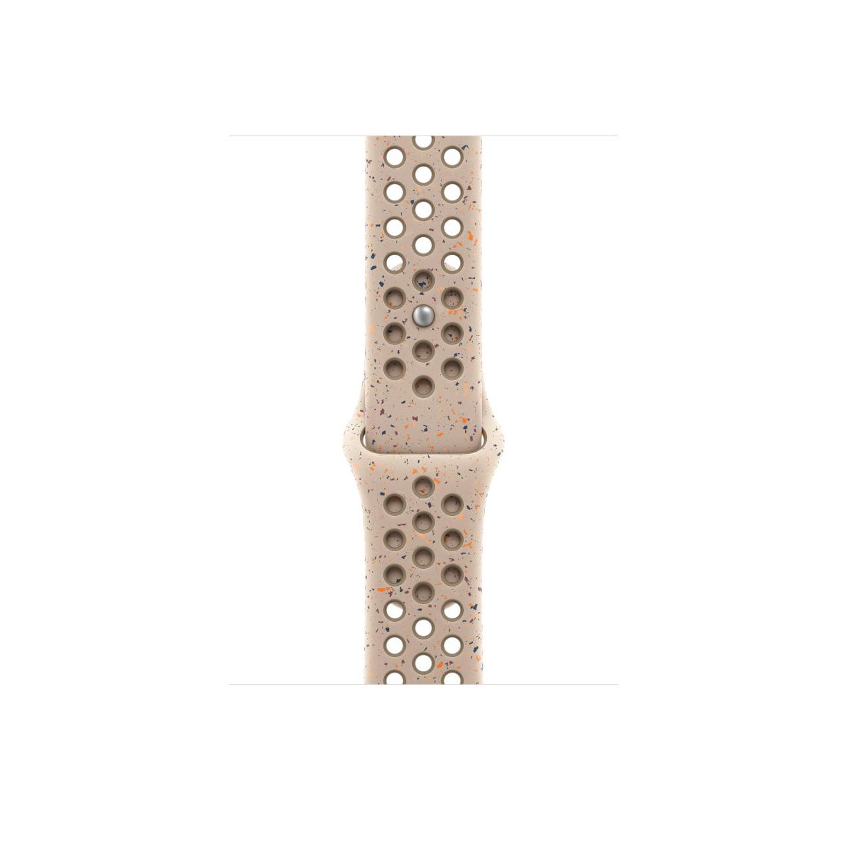 A beige Apple Watch band with perforations and colorful speckles.