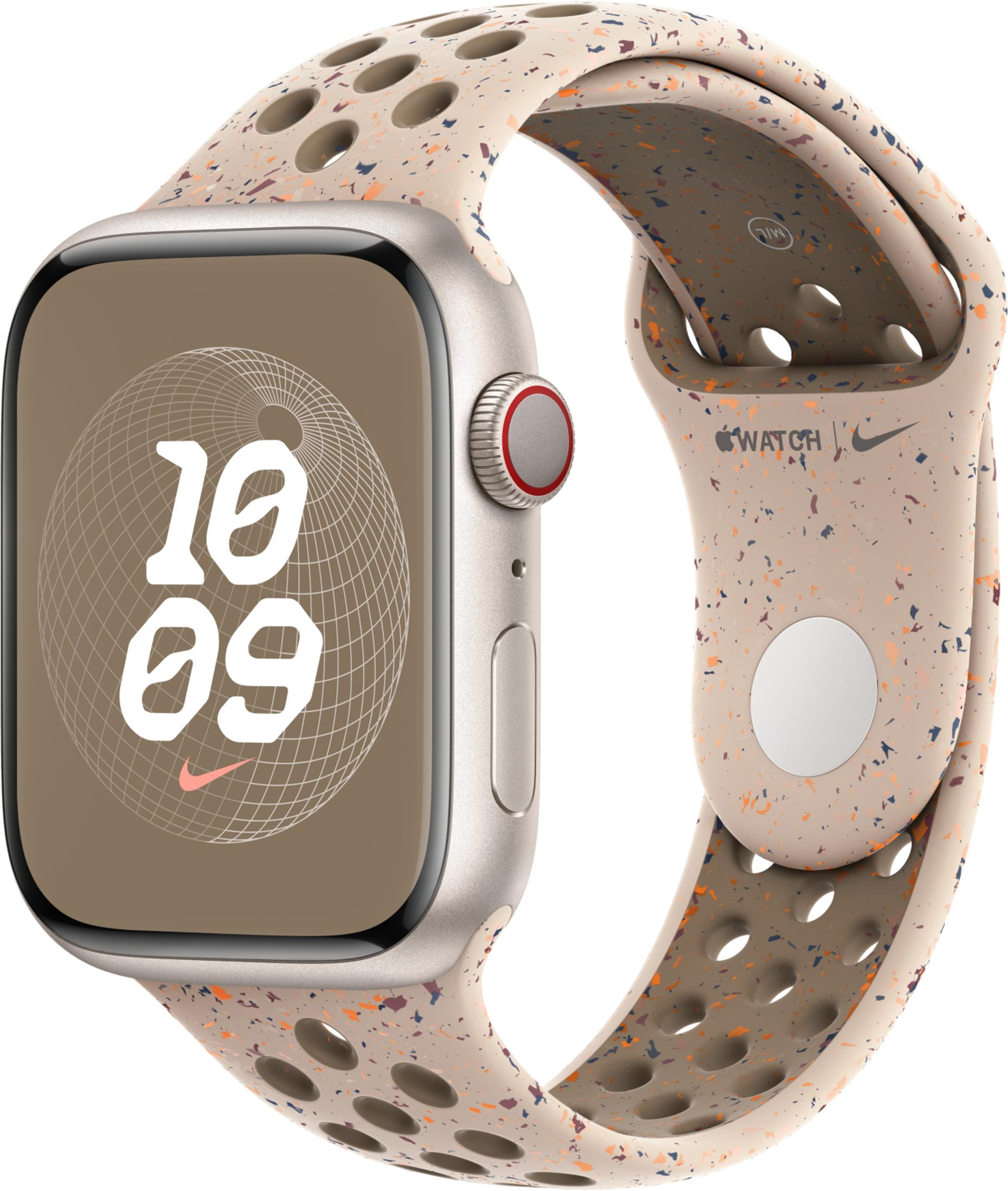 An Apple Watch with a speckled beige band featuring colorful flecks.