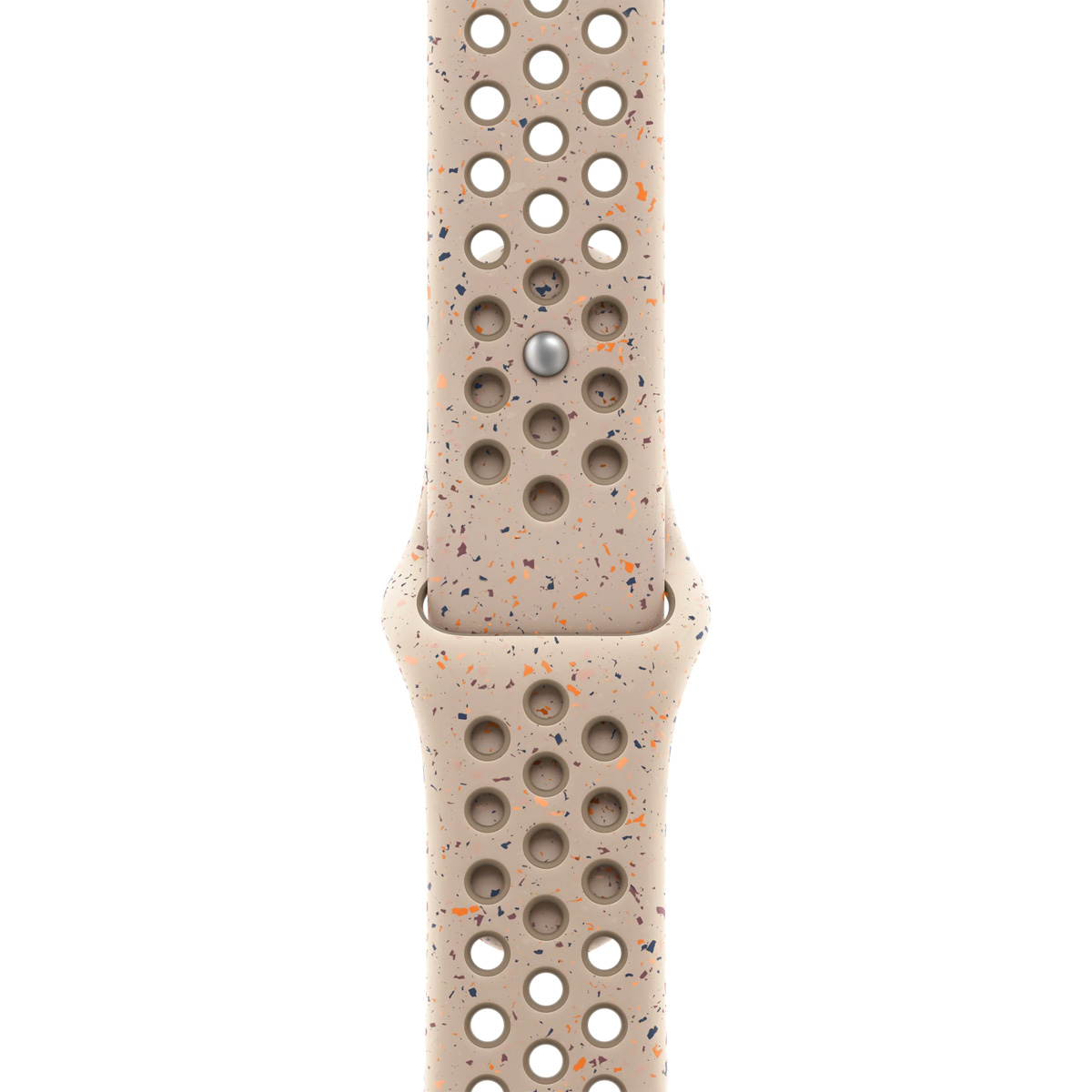 Tan watch band with perforations and multi-colored speckles.