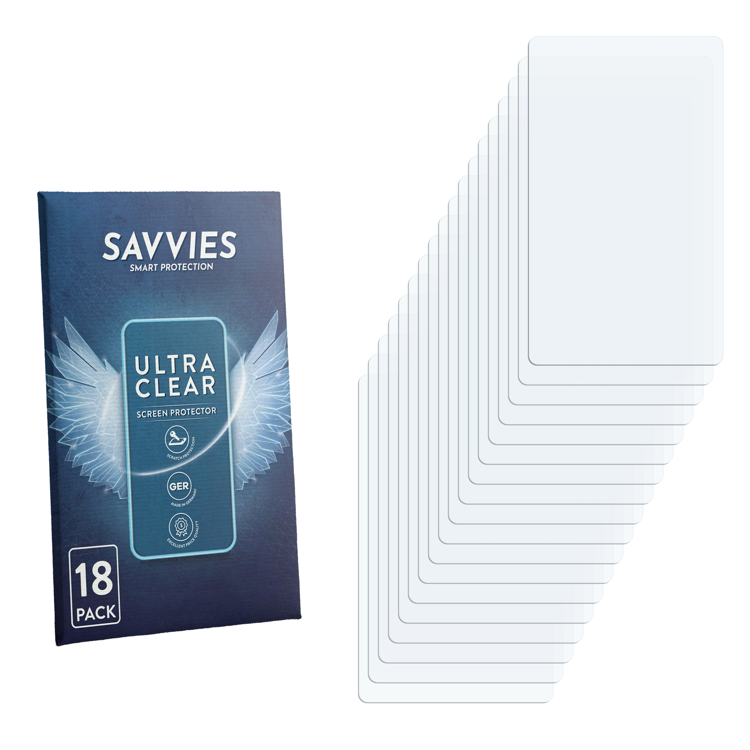 Eine Schachtel Savvies Ultra Clear Displayschutzfolien und 18 Stück daneben.