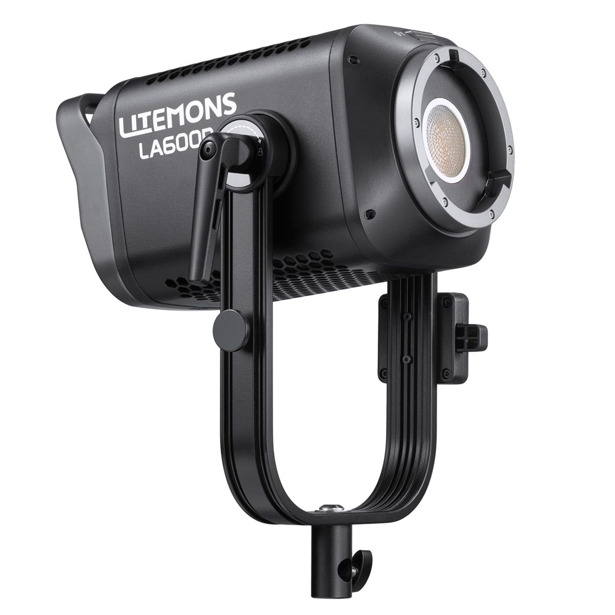 Schwarzer LED-Scheinwerfer mit "Litemons LA600"-Aufschrift, montiert auf einem Stativ.
