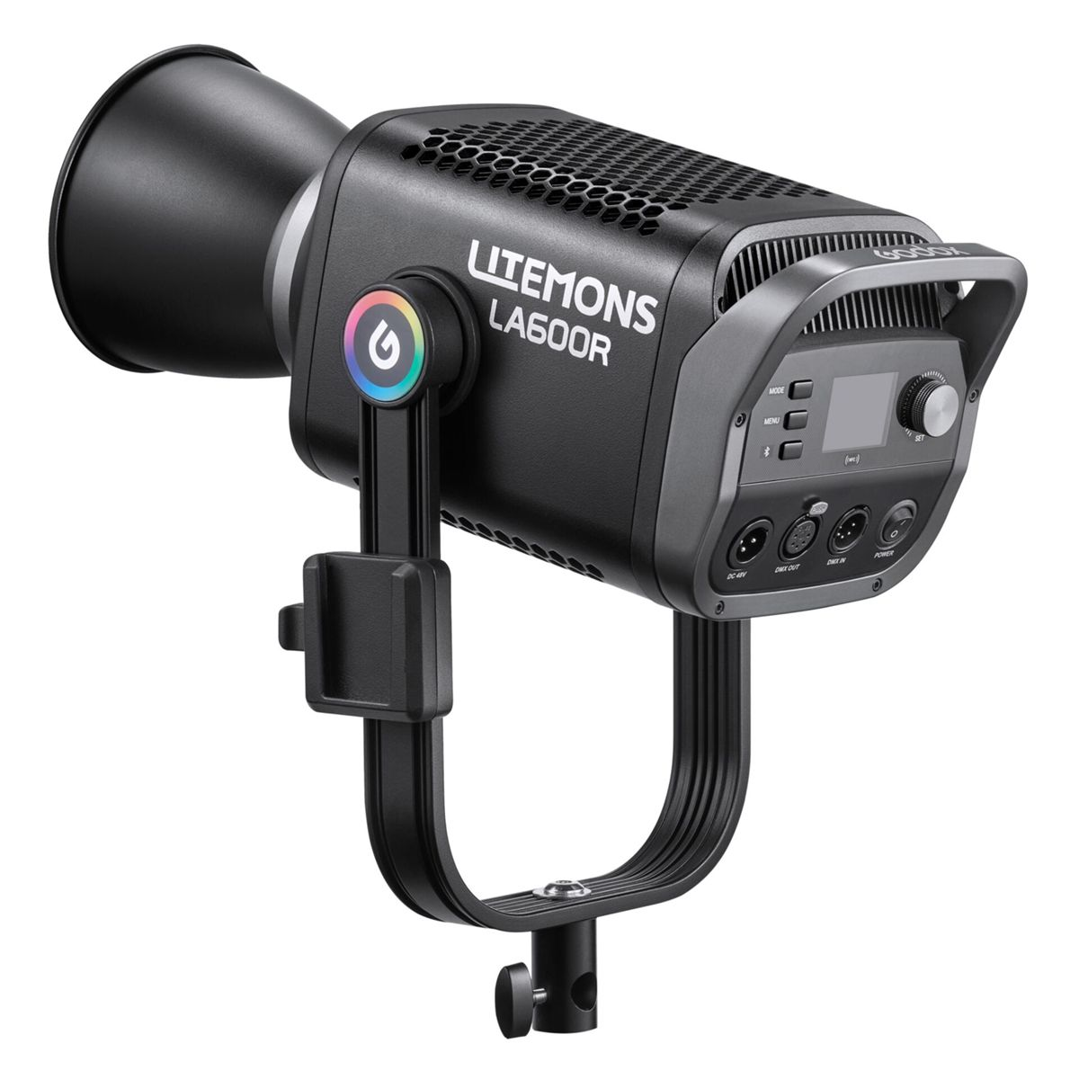 Ein schwarzer Godox Litemons LA600R LED-Scheinwerfer mit Griff, Display und Anschlüssen.