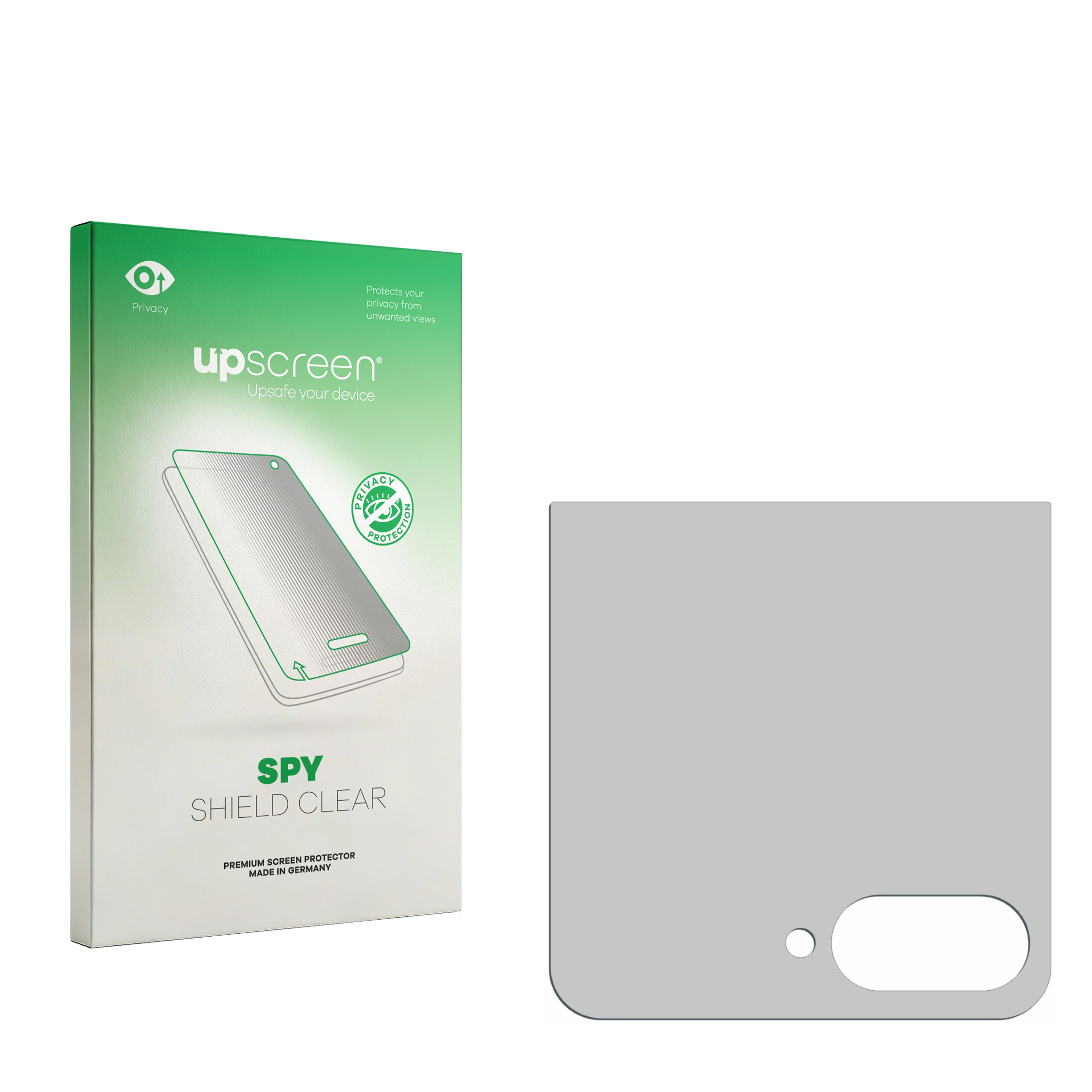 Grüne Verpackung für einen Displayschutz mit dem Logo 'upscreen'.