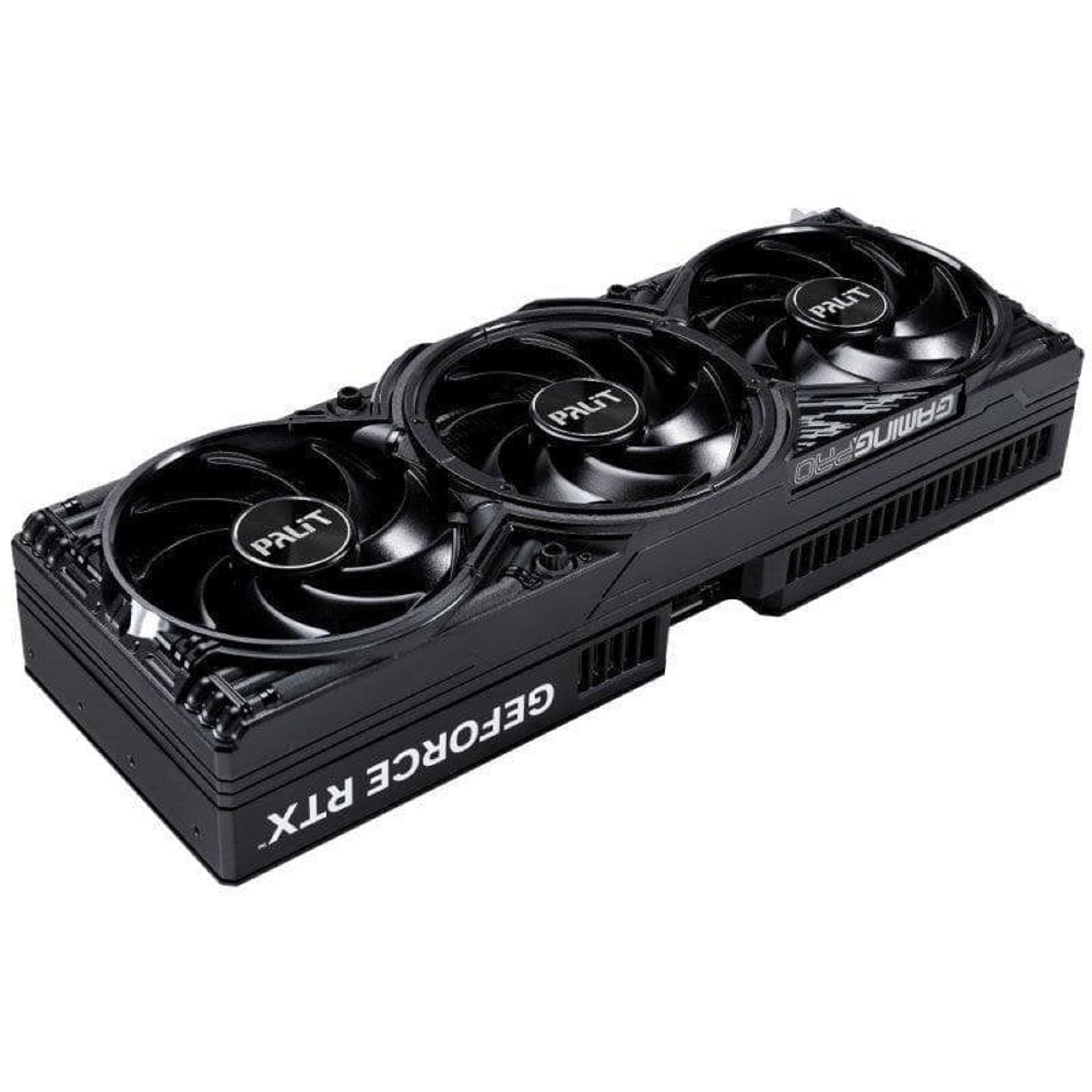 Czarna karta graficzna Palit GeForce RTX Gaming Pro z trzema wentylatorami.