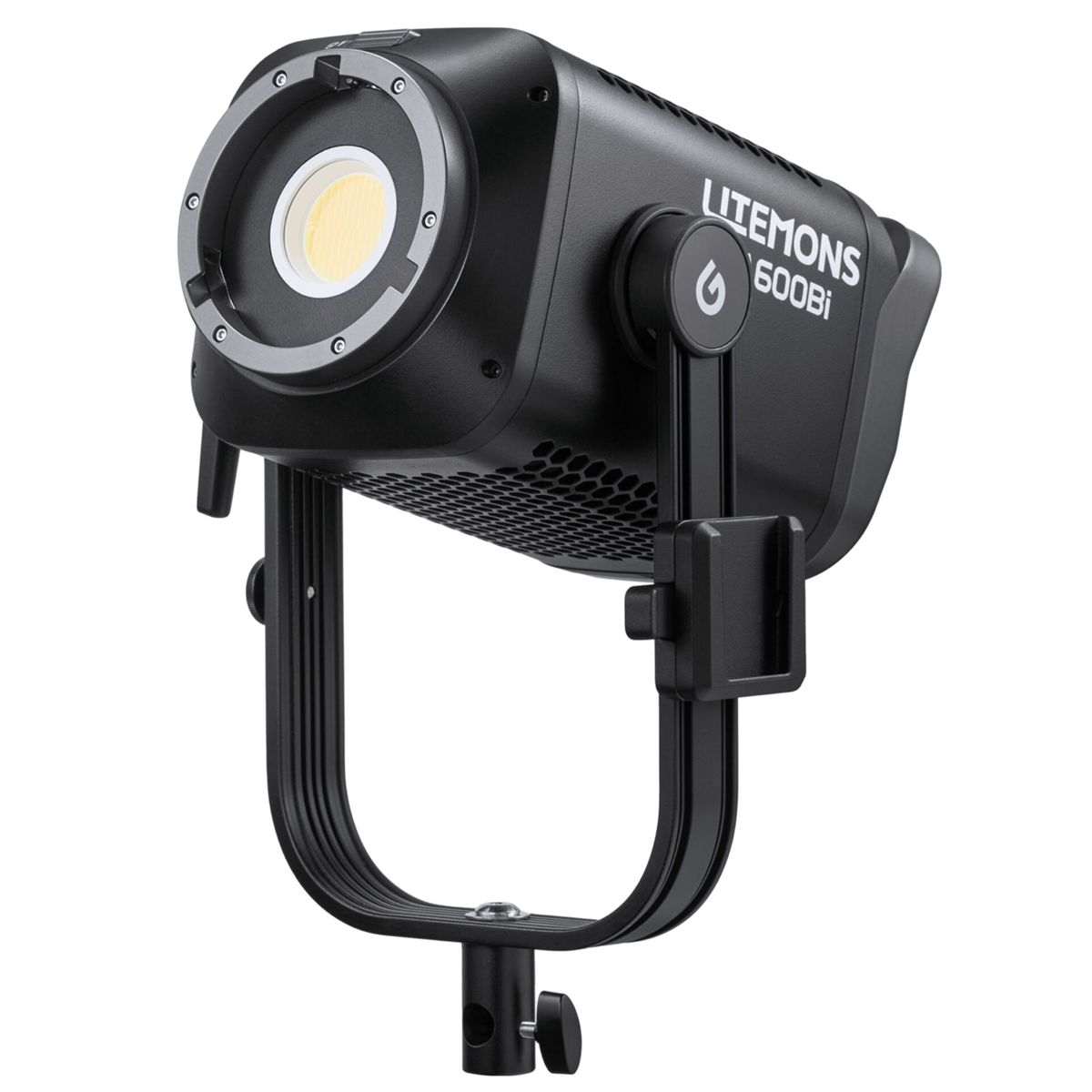 A black video light spotlight with a silver ring and a yellow bulb.