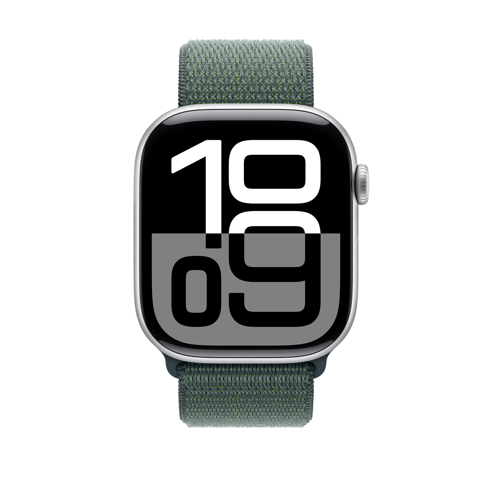 Uno smartwatch argentato con cinturino in tessuto verde mostra le 10:09.