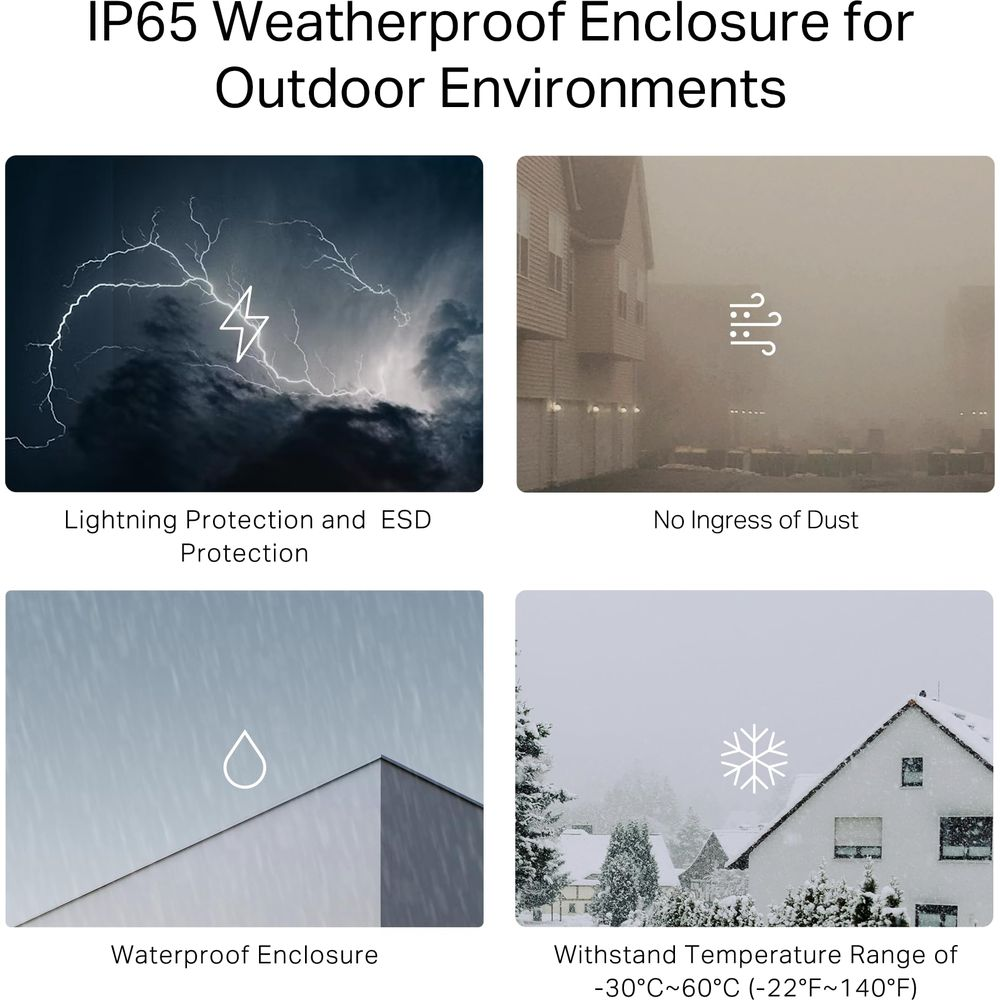 Vier Bilder mit IP65-Gehäusemerkmalen: Blitz, Staub, Regen und Schnee.