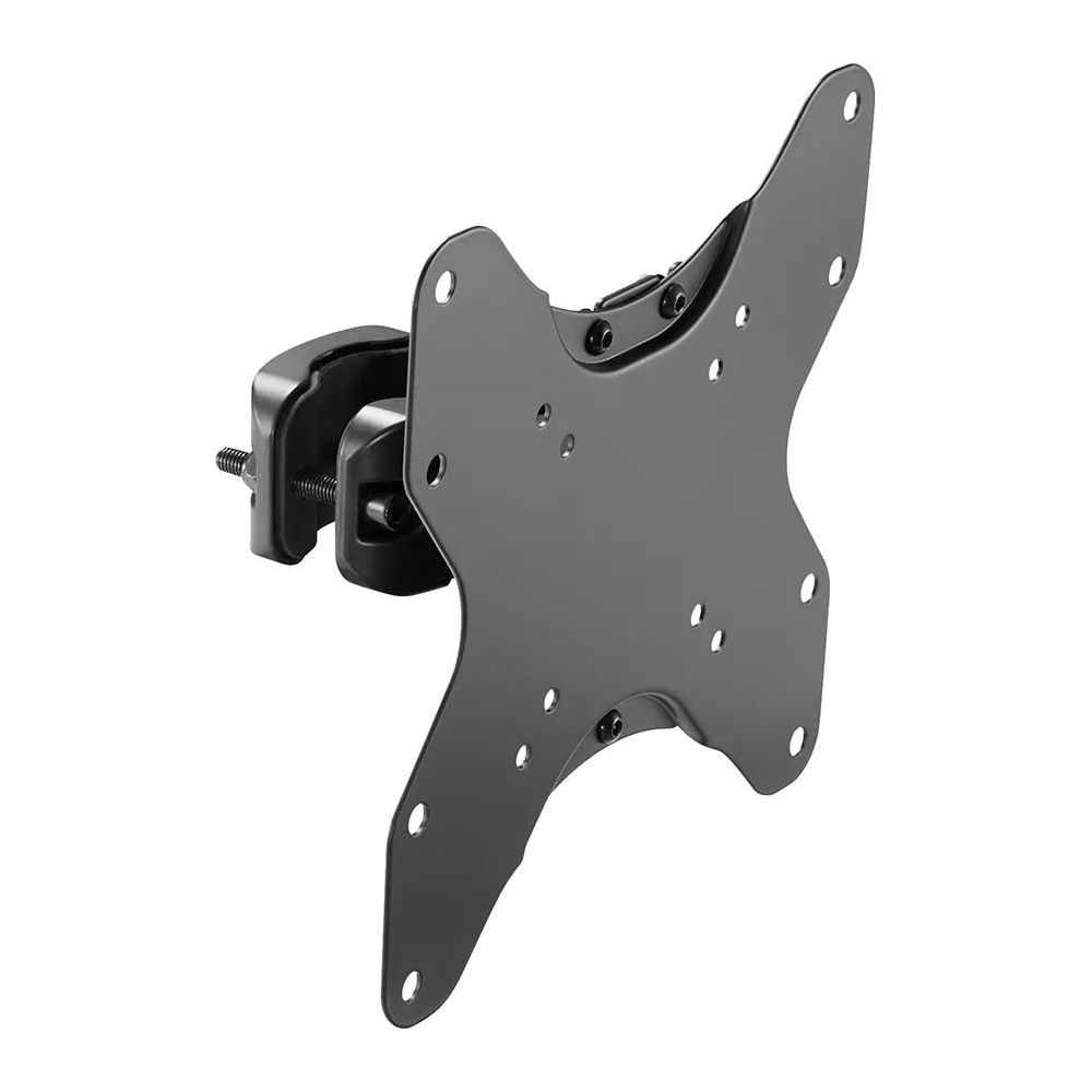 Ein schwarzer Monitorhalter mit Klemmfuß und VESA-Platte.