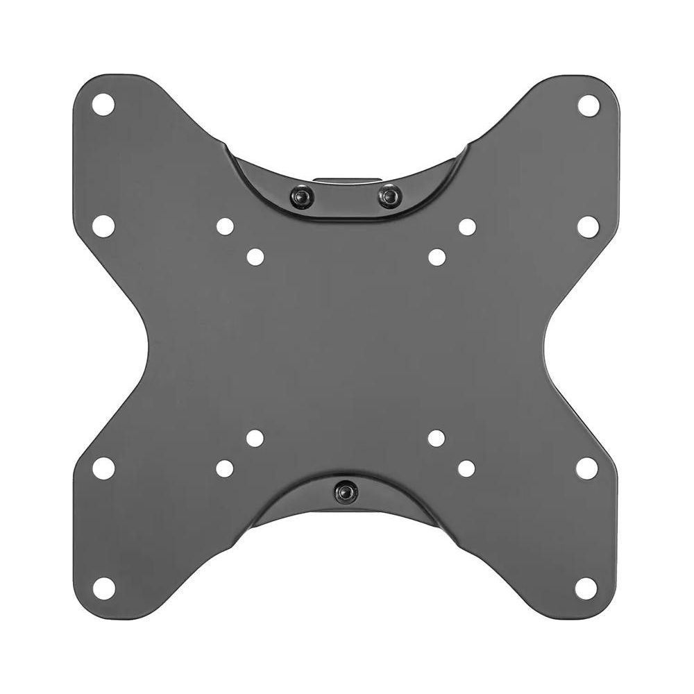 Eine dunkle, X-förmige Metallplatte mit vielen Löchern und Schrauben.