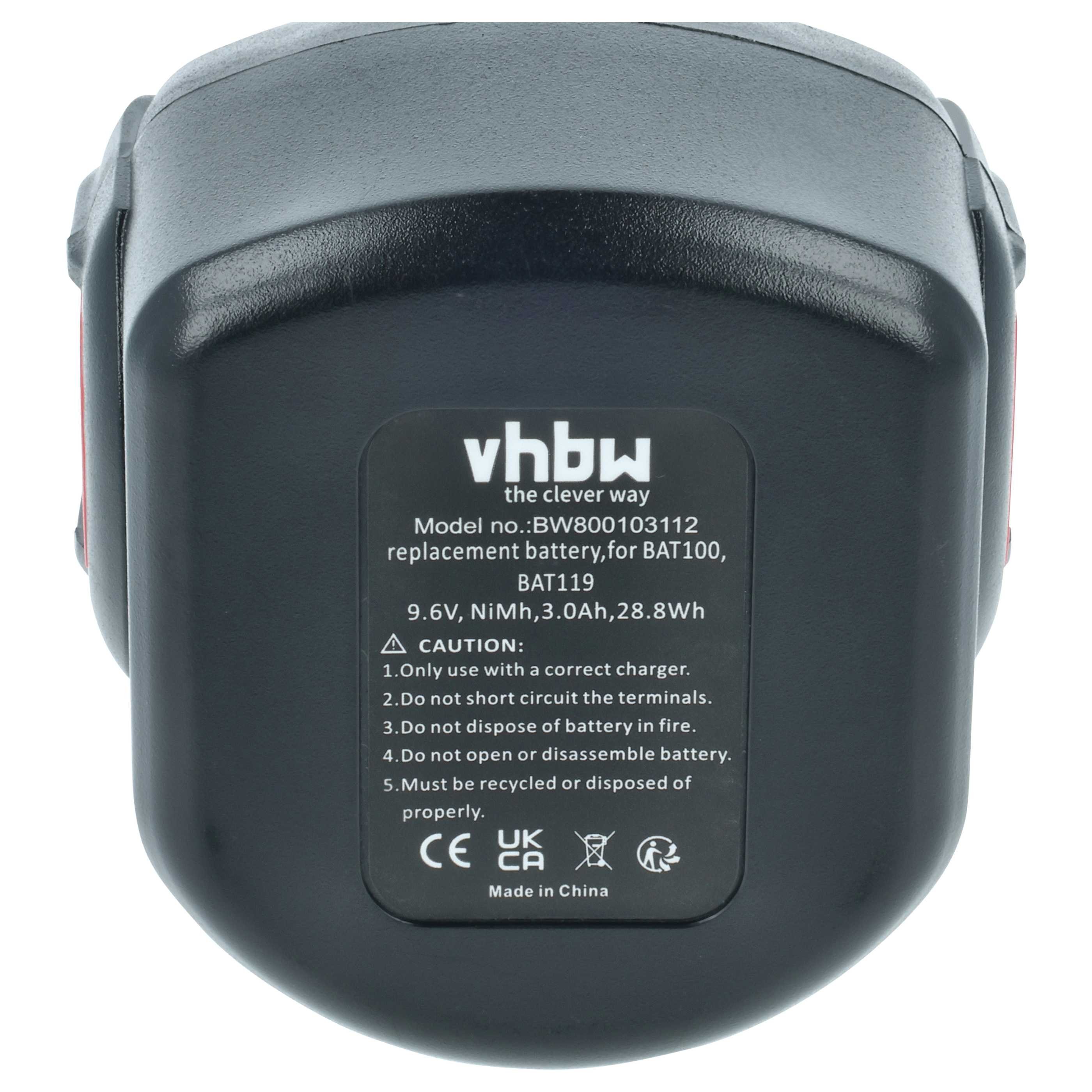 Schwarzer VHBW Ersatzakku 9.6V LiMH 3.0Ah mit Warnhinweisen.