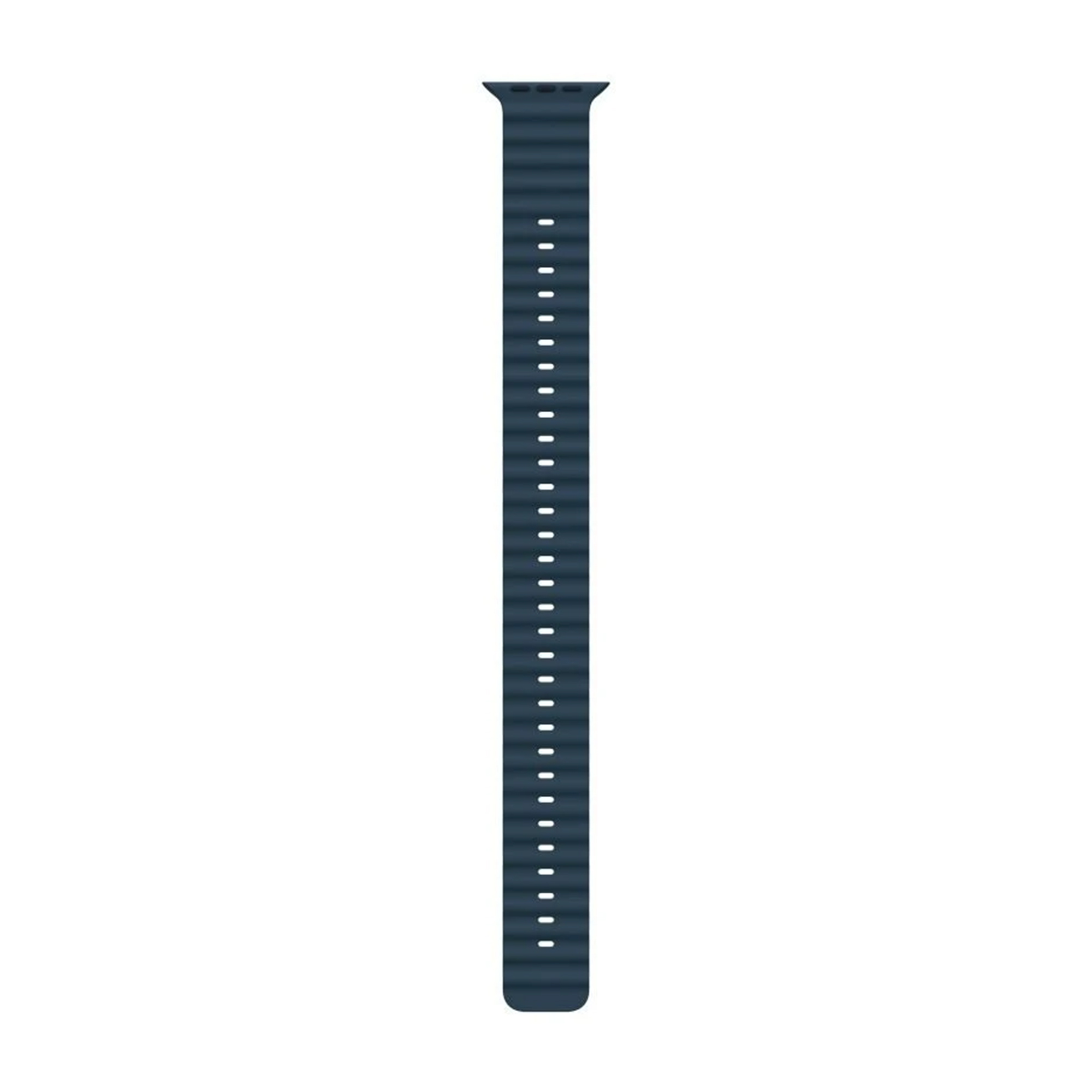 A dark blue watch strap with ridges and holes.
