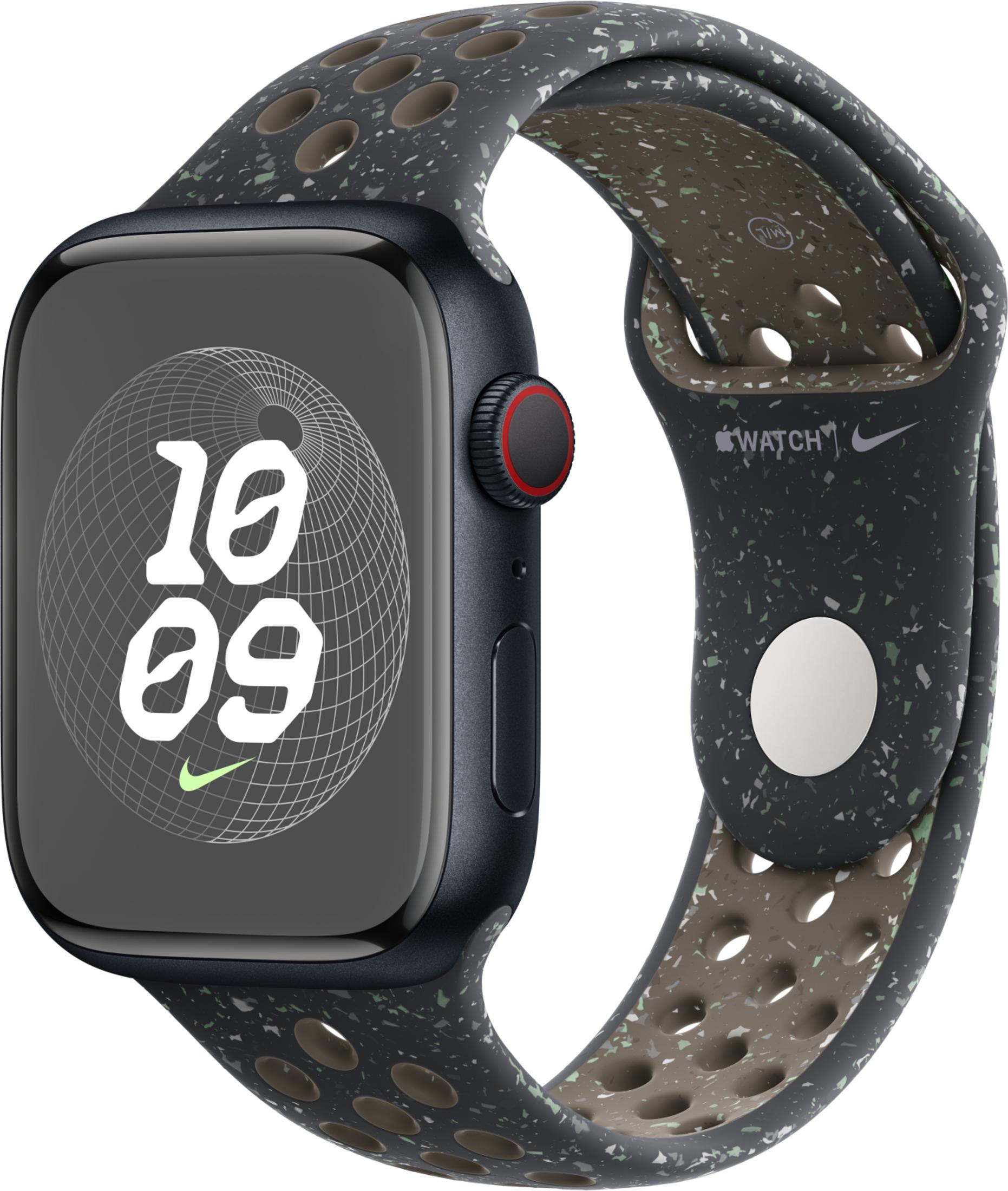 A black smartwatch with a speckled band displaying 10:09.