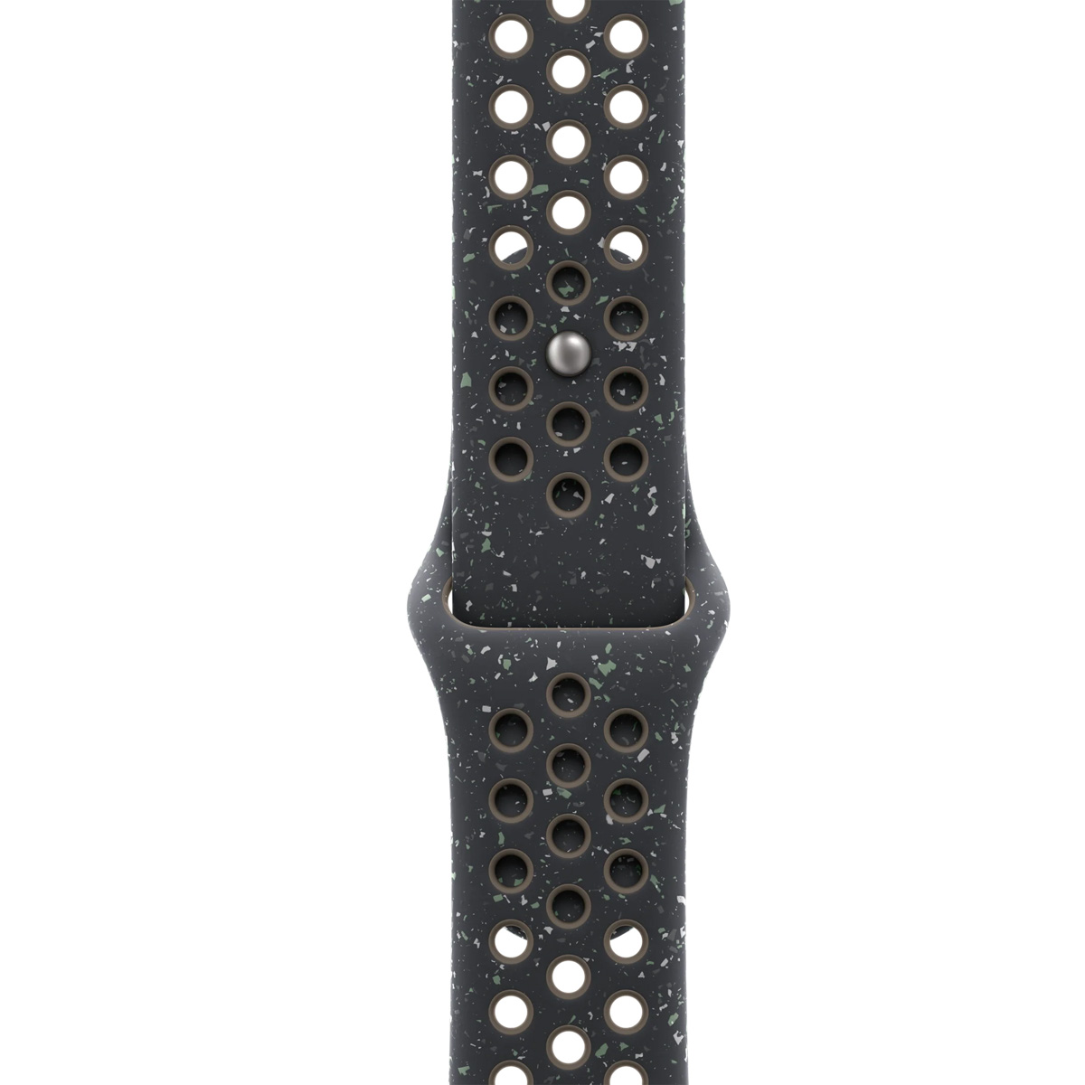 Dark gray watch band with white and green speckles and perforated holes.