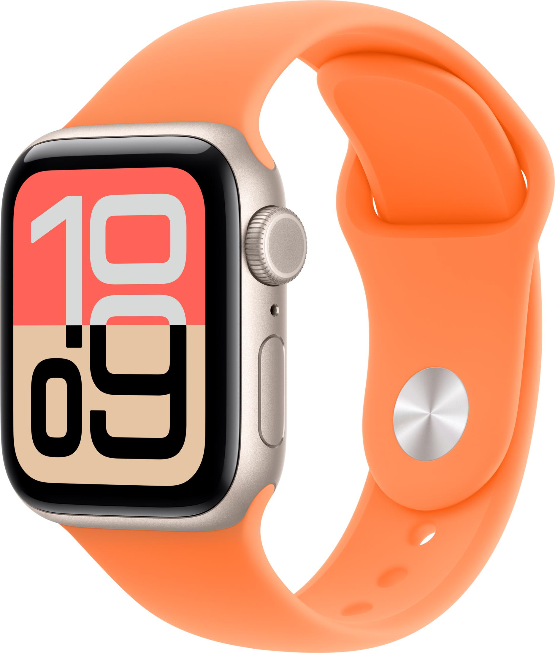 Uno smartwatch argentato con cinturino arancione mostra le 10:09 sul display digitale.