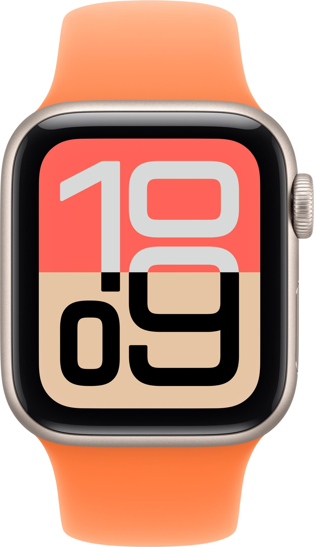 Uno smartwatch arancione che mostra le 10:09 sul suo schermo.