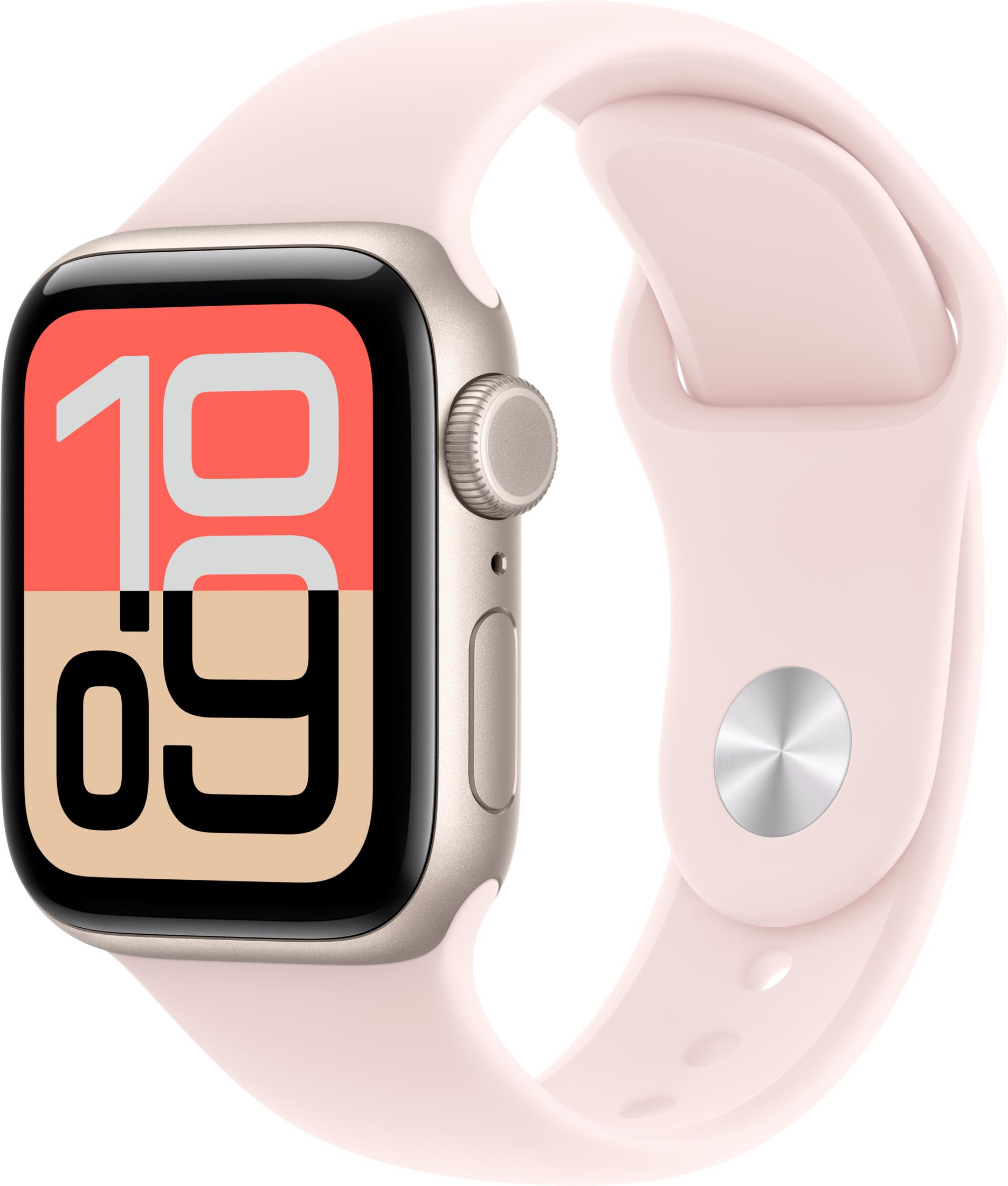 Eine rosafarbene Smartwatch mit einem Zifferblatt, das 