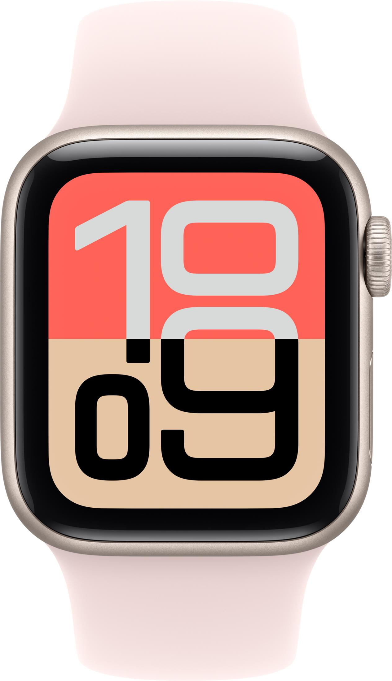 Eine rosafarbene Smartwatch mit einem Display, das die Zahl 10/09 anzeigt.