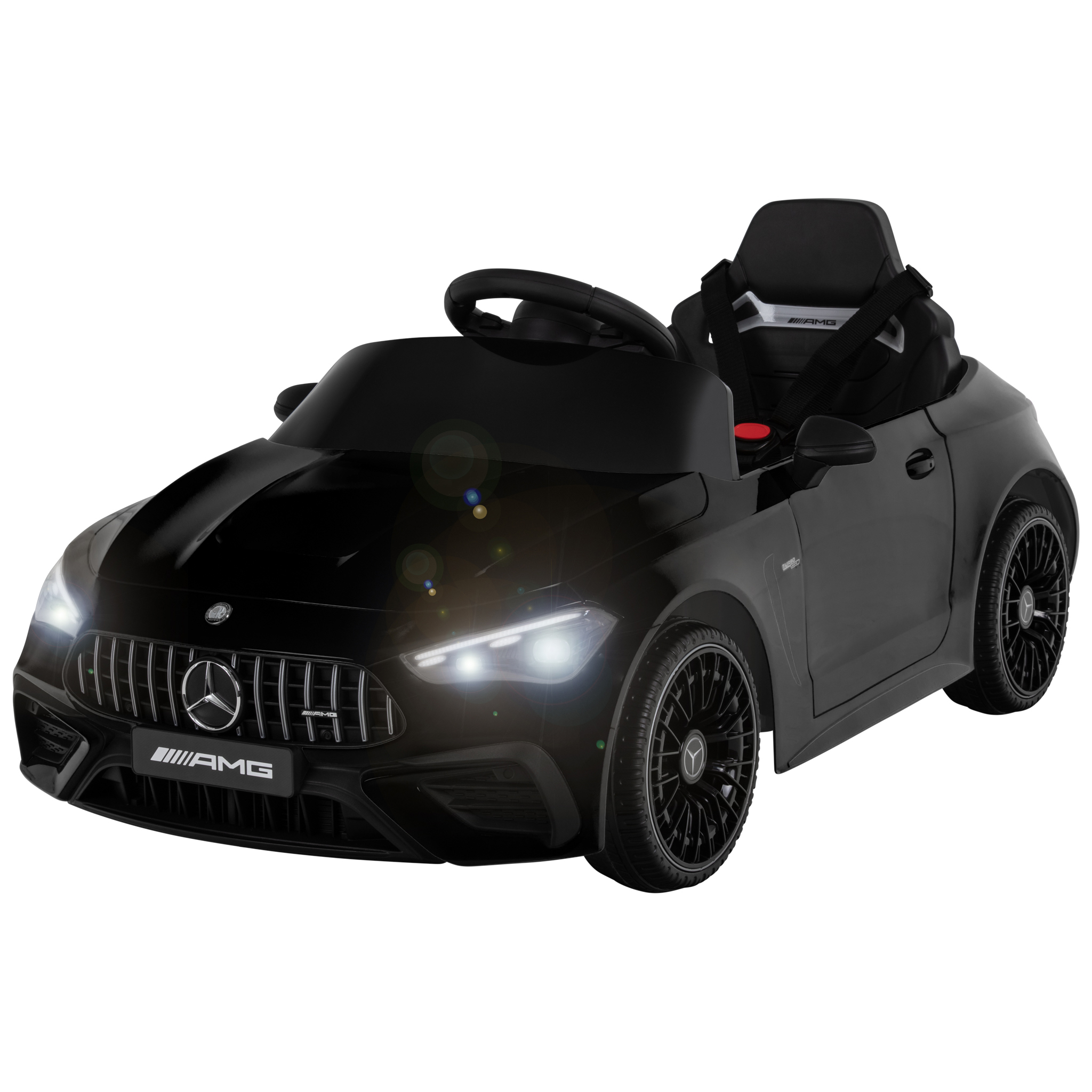 Ein schwarzes Elektro-Spielzeugauto im AMG-Stil mit geöffneten Scheinwerfern.