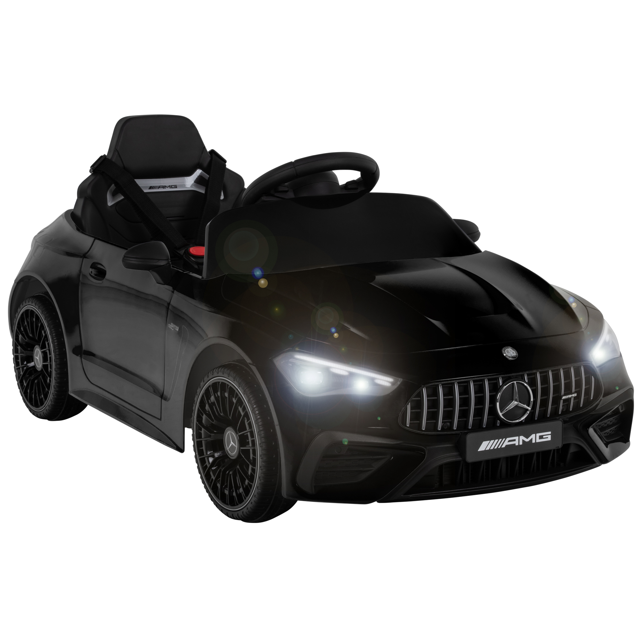 Schwarzer Kinder-AMG mit Lichtern und AMG-Logo.