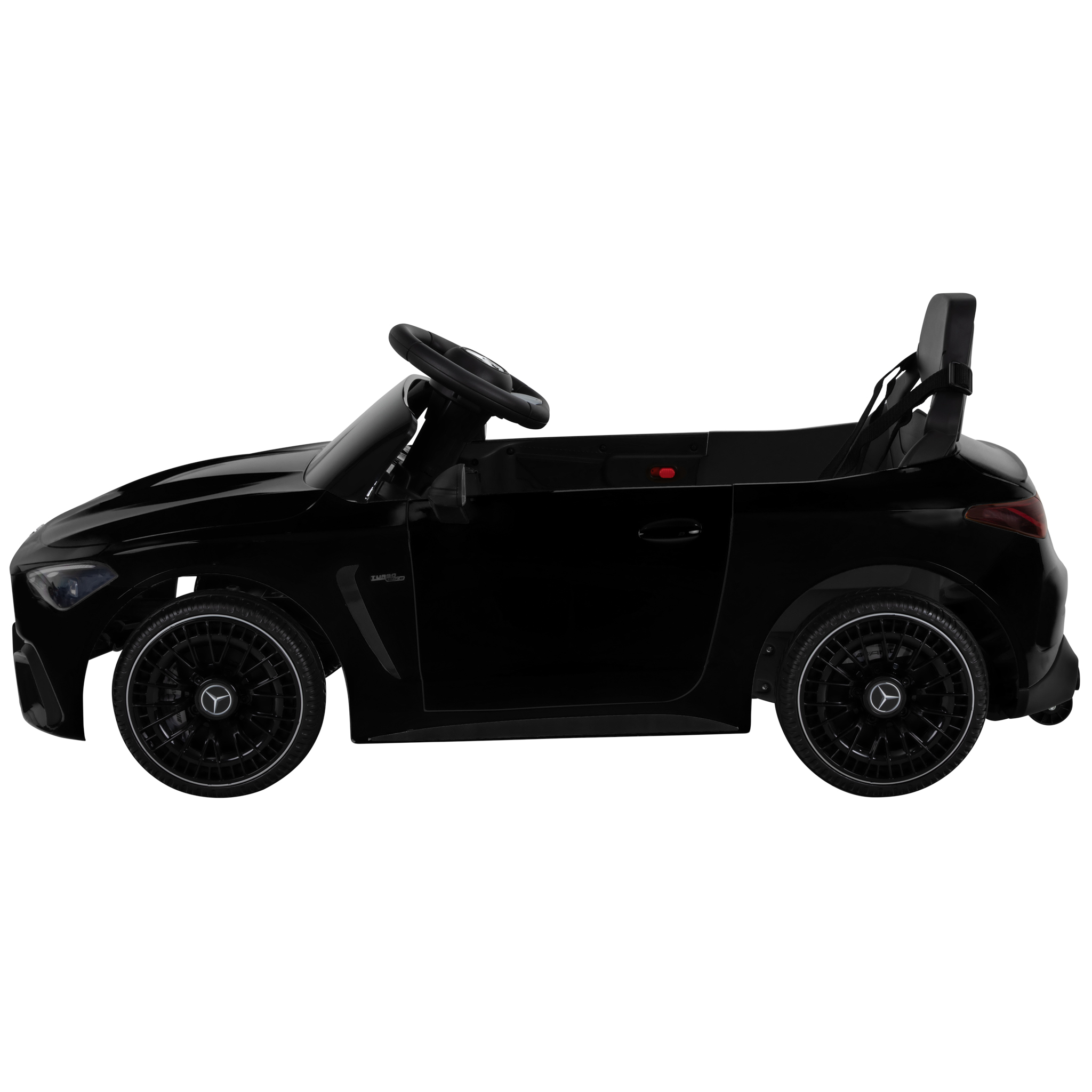 Ein schwarzes Elektroauto für Kinder, im Stil eines Mercedes.