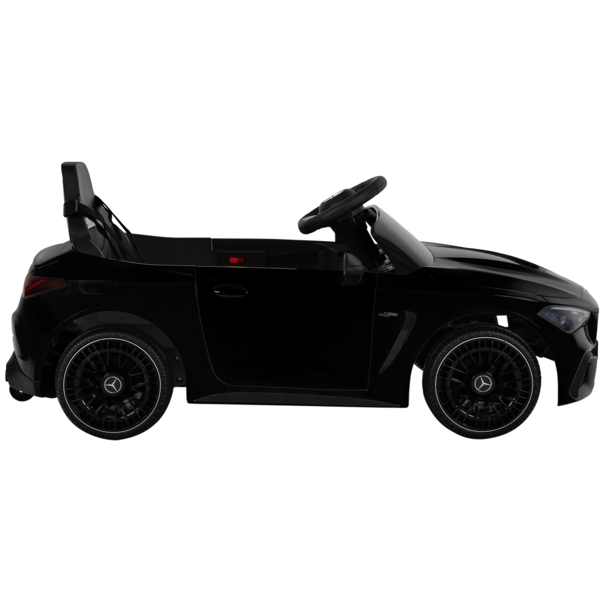 Schwarzes Elektroauto mit offenem Verdeck, Lenkrad und detaillierten Rädern.