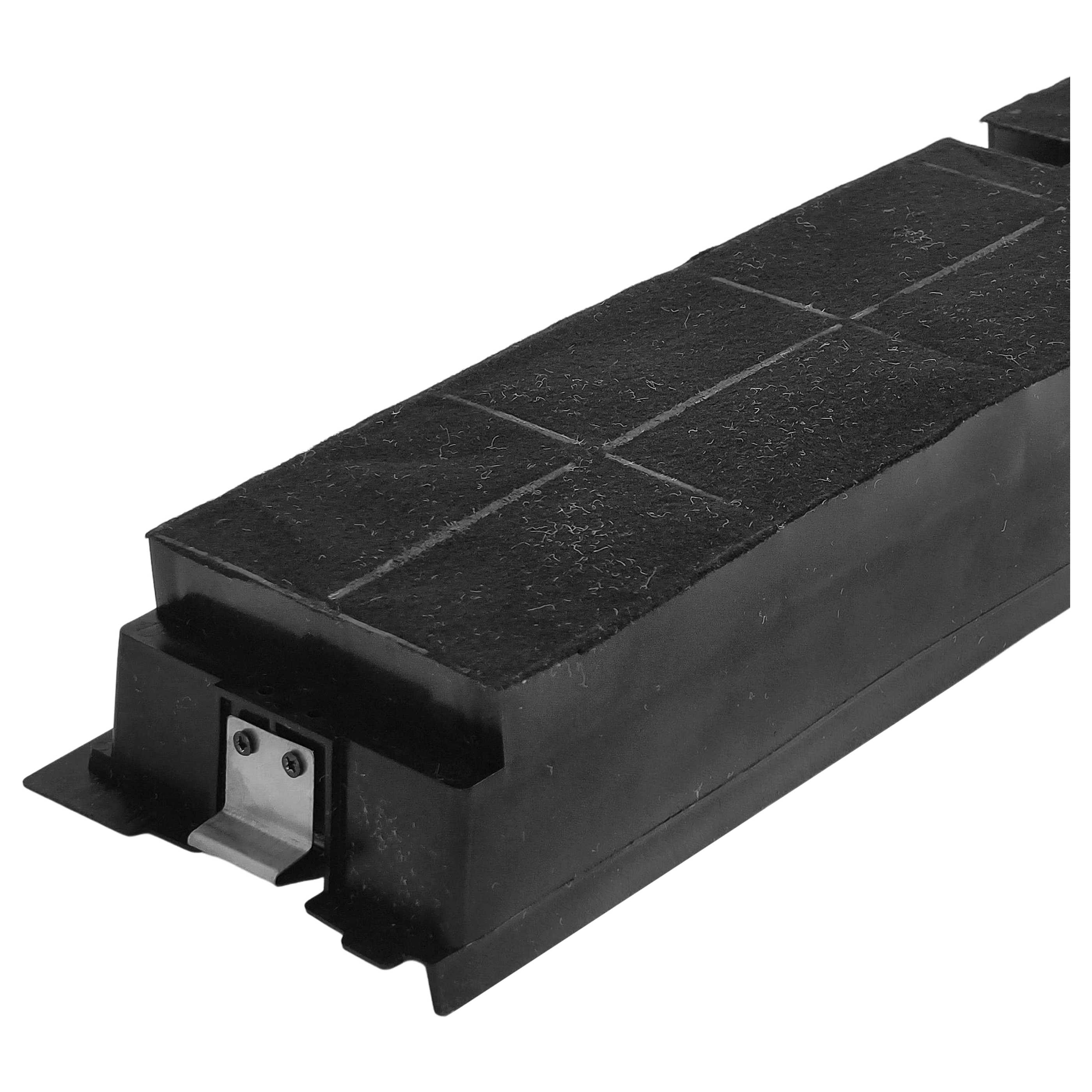 Ein schwarzer Aktivkohlefilter mit Metallclips und Rillen auf der Oberseite.