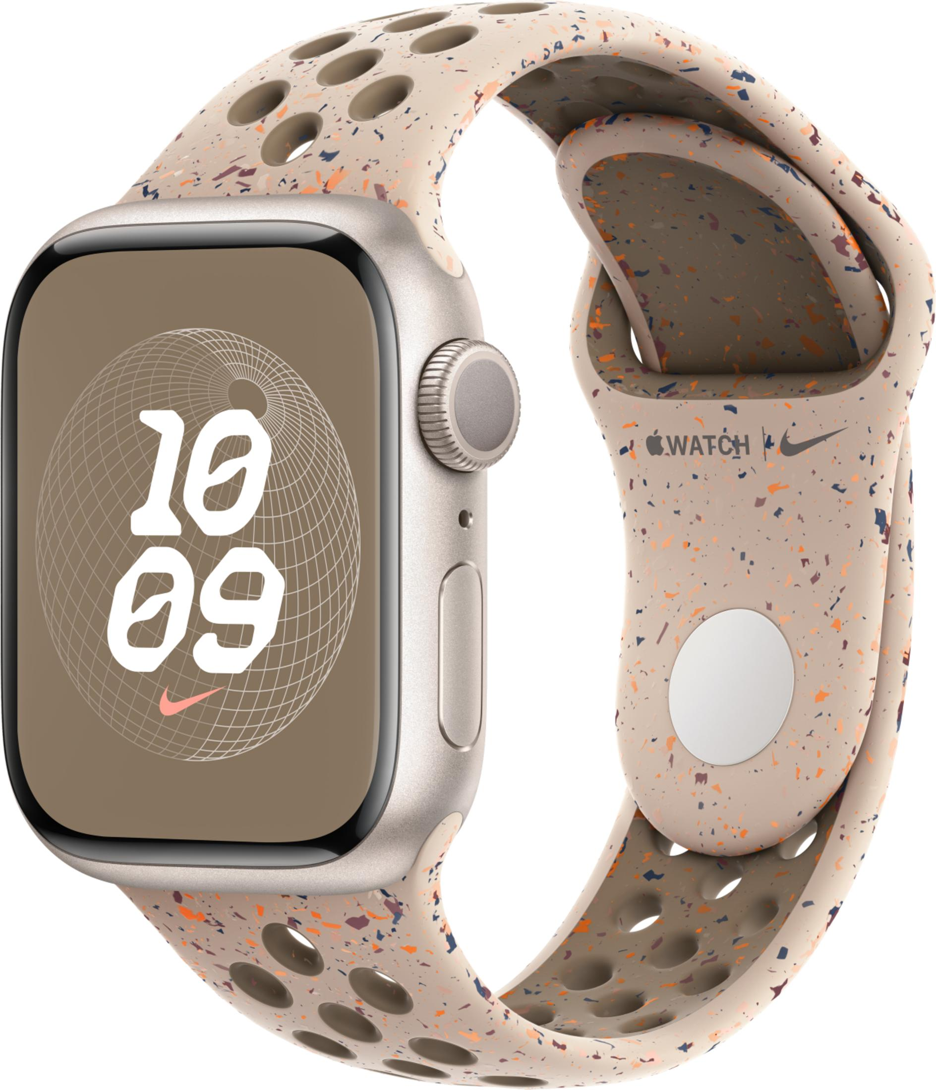 An Apple Watch with a speckled band. The time displayed is 10:09.